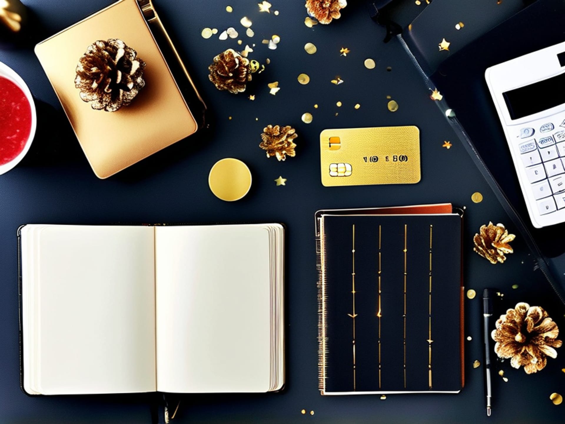 bird's-eye view of a messy but organized desk, one side is clearly for 'work': laptop, drawing tablet, receipts, calculator. The other side has a smoothie and a phone. A gold credit card placed on the dividing line separating the two areas, minimalist flat lay style, sharp focus