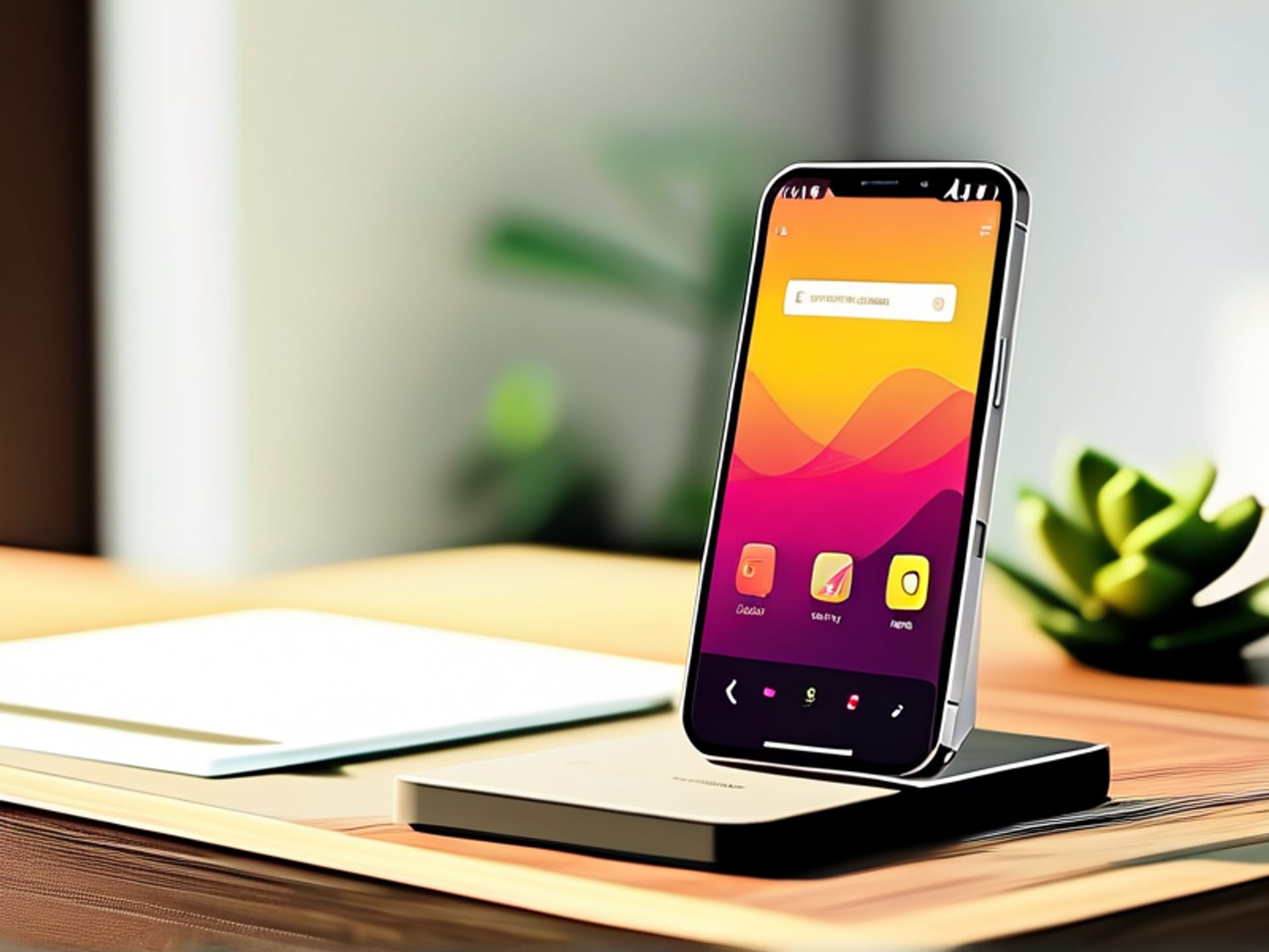 A minimalist, serene composition. A clean wooden desk with a single, modern smartphone displaying a crisp, organized home screen with only a few simple app icons. Sunlight streams onto the scene. Beside the phone sits a small, living potted succulent. The feeling is one of calm and order. --ar 16:9 --style raw