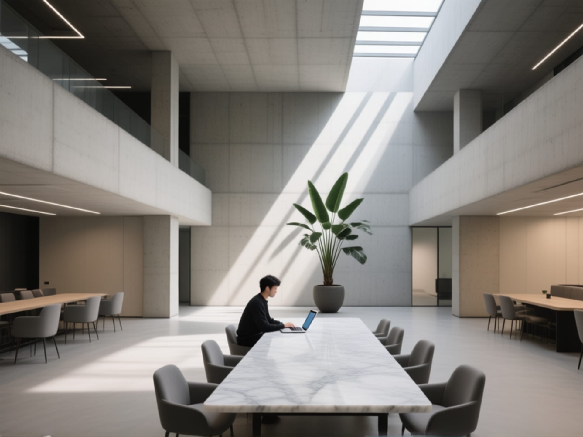AI-generated image of a minimalist coworking lobby in a brutalist building. Soaring ceilings with raw concrete textures, elegant modern furniture in muted grey and beige. A single, large dramatic potted plant, sharp geometric shadows from linear skylights. A person sits alone at a long marble table with a laptop, cinematic lighting --v 6.0 --ar 2:1