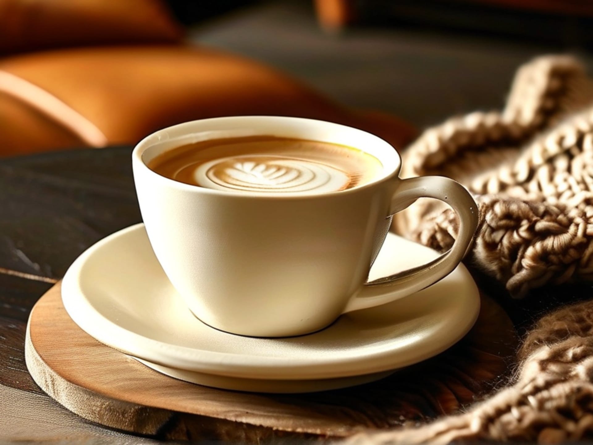 A large, simple, creamy white bowl-like mug on a cozy living room side table. The mug is filled almost to the brim with milky coffee, a subtle swirl of cream is visible. An open book and pair of reading glasses sit next to it. A cozy knit blanket is draped over the arm of the chair. The lighting is soft and warm, like a lazy weekend afternoon. --ar 3:2 --style raw