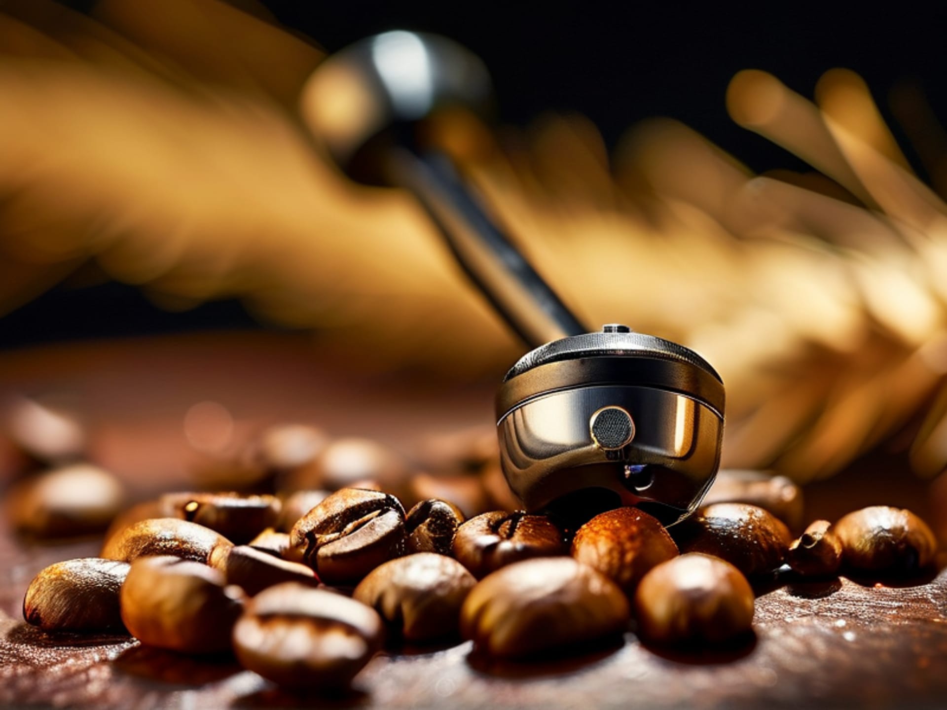 A detailed macro photograph of a Timemore C2 manual coffee grinder. The metal burr is crisp and clean, whole coffee beans are beside it. Focus on the texture and mechanical precision. Clean background, studio lighting. --ar 1:1 --style raw
