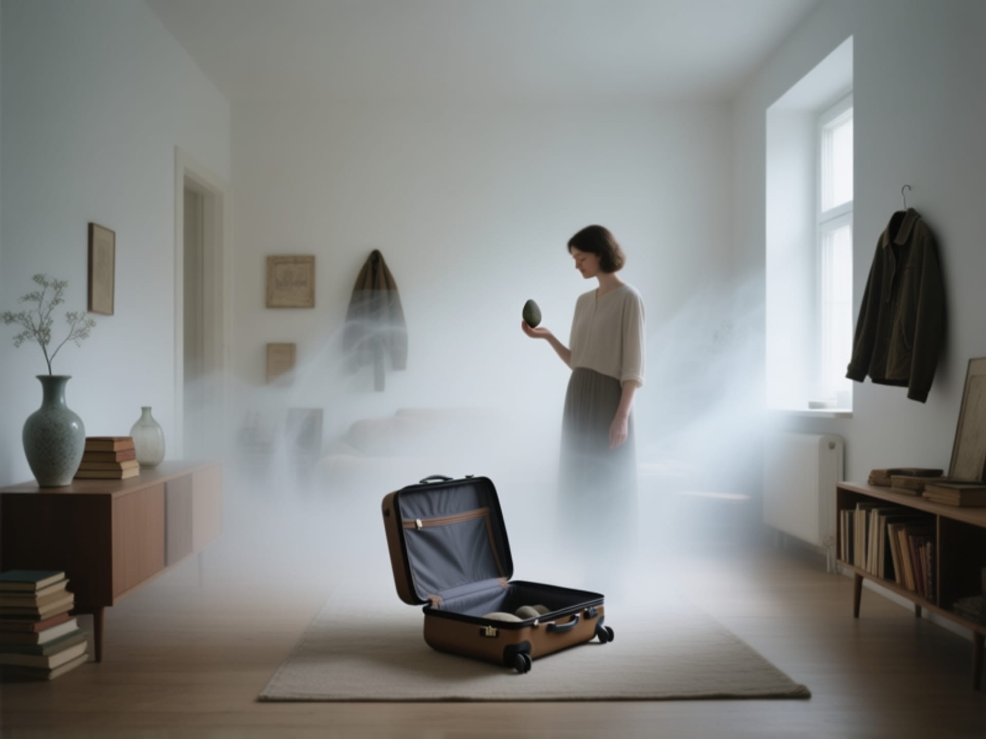Wide shot, minimalist apartment interior with a single suitcase open in the center. A person stands calmly, holding a small, simple object like a smooth stone, while a soft, ghostly, transparent haze of old items (a vase, books, a jacket) fades away around them. Mood: Peaceful release, clarity. Style: Soft focus, ethereal lighting, cinematic.