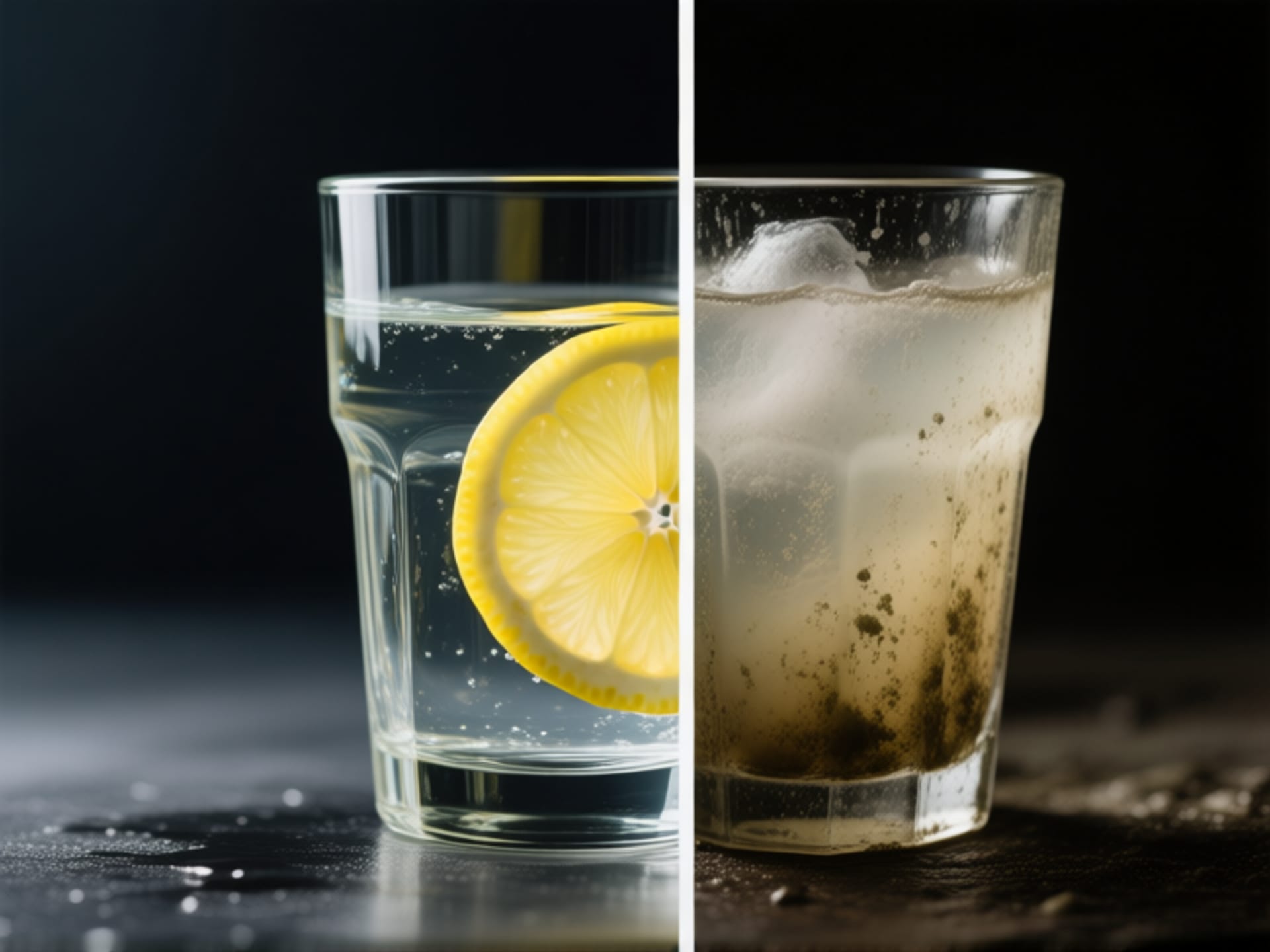 a dramatic split image: one side shows a clear glass of water with a lemon slice, the other side shows a murky, cloudy glass, photorealistic --style raw --ar 16:9