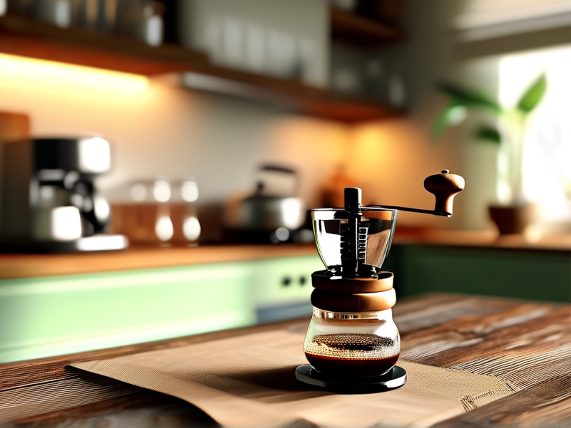 AI Image Prompt: Side-by-side shot on a worn wooden kitchen counter. Left side: a sleek, modern electric coffee grinder (like the Breville Smart Grinder Pro or a Baratza). Right side: a beautiful, old-school manual grinder with a crank and a glass jar (like a Hario Skerton Pro). Stylized, shallow depth of field, warm natural light. --ar 16:9
