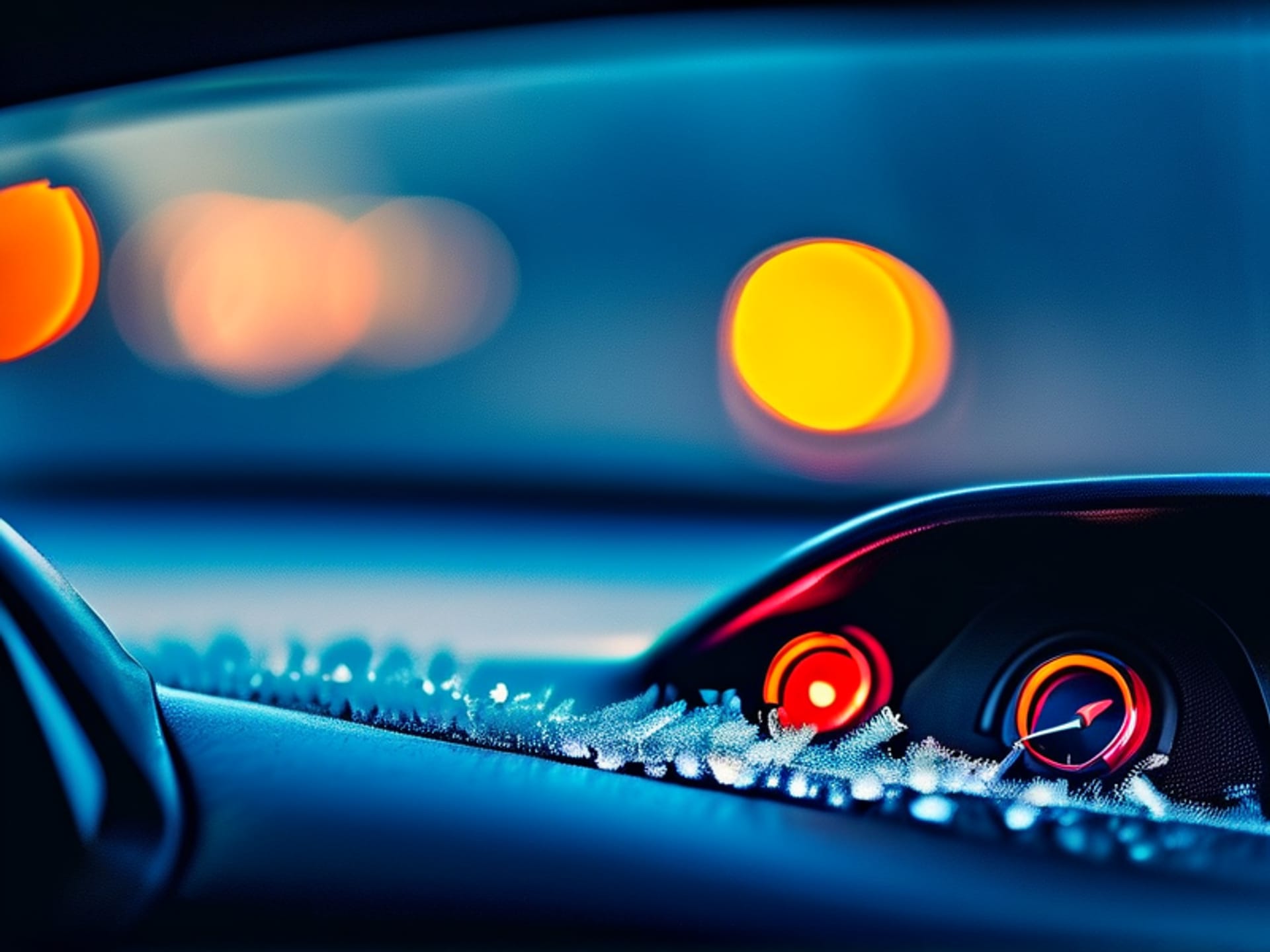 Close-up shot of a car dashboard at night, the battery warning light (red battery symbol) and check engine light are illuminated brightly, reflecting on the frosty windshield, moody, detailed --ar 16:9 --style raw
