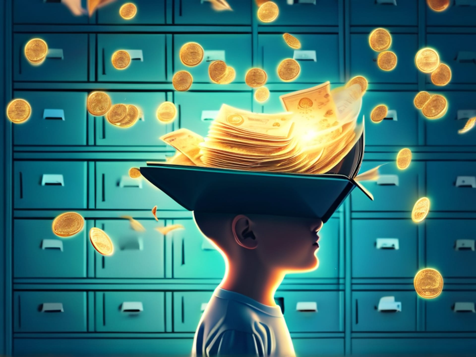 Symbolic, surreal digital art. A young person's head is open like a filing cabinet. Fluttering papers, glowing app icons (Uber, Fiverr, Etsy), and floating coins are flying out uncontrollably. In the background, a serene, organized filing system glows faintly. Style: Modern surrealism. --v 6.0