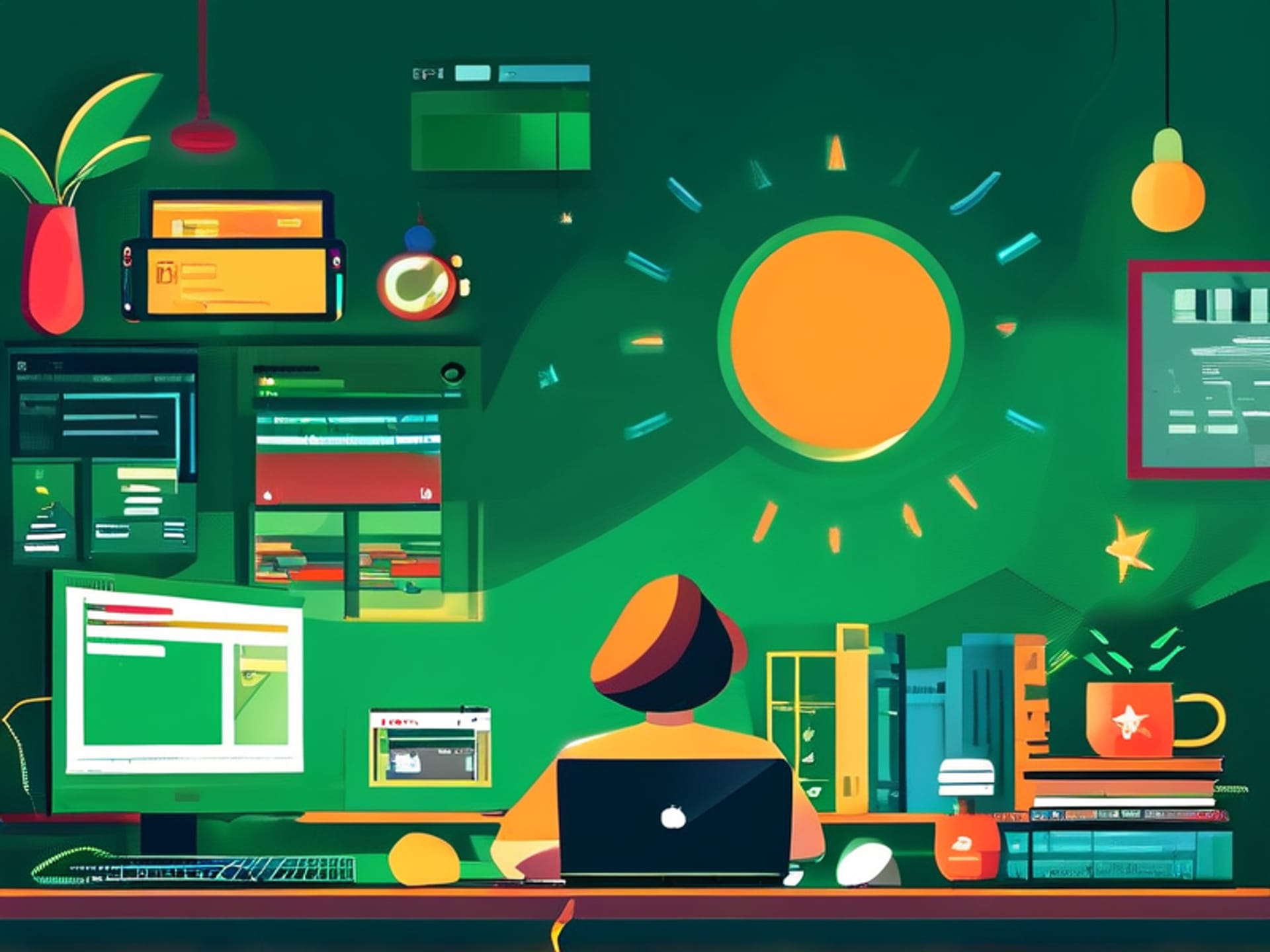 Split image. Left side: a stressed nomad surrounded by visual clutter, laptop screens, multiple browser tabs, phone notifications. Right side: the same person, calm, with a single Pomodoro timer on screen and a clean workspace. Clean and chaotic contrast.--ar 16:9