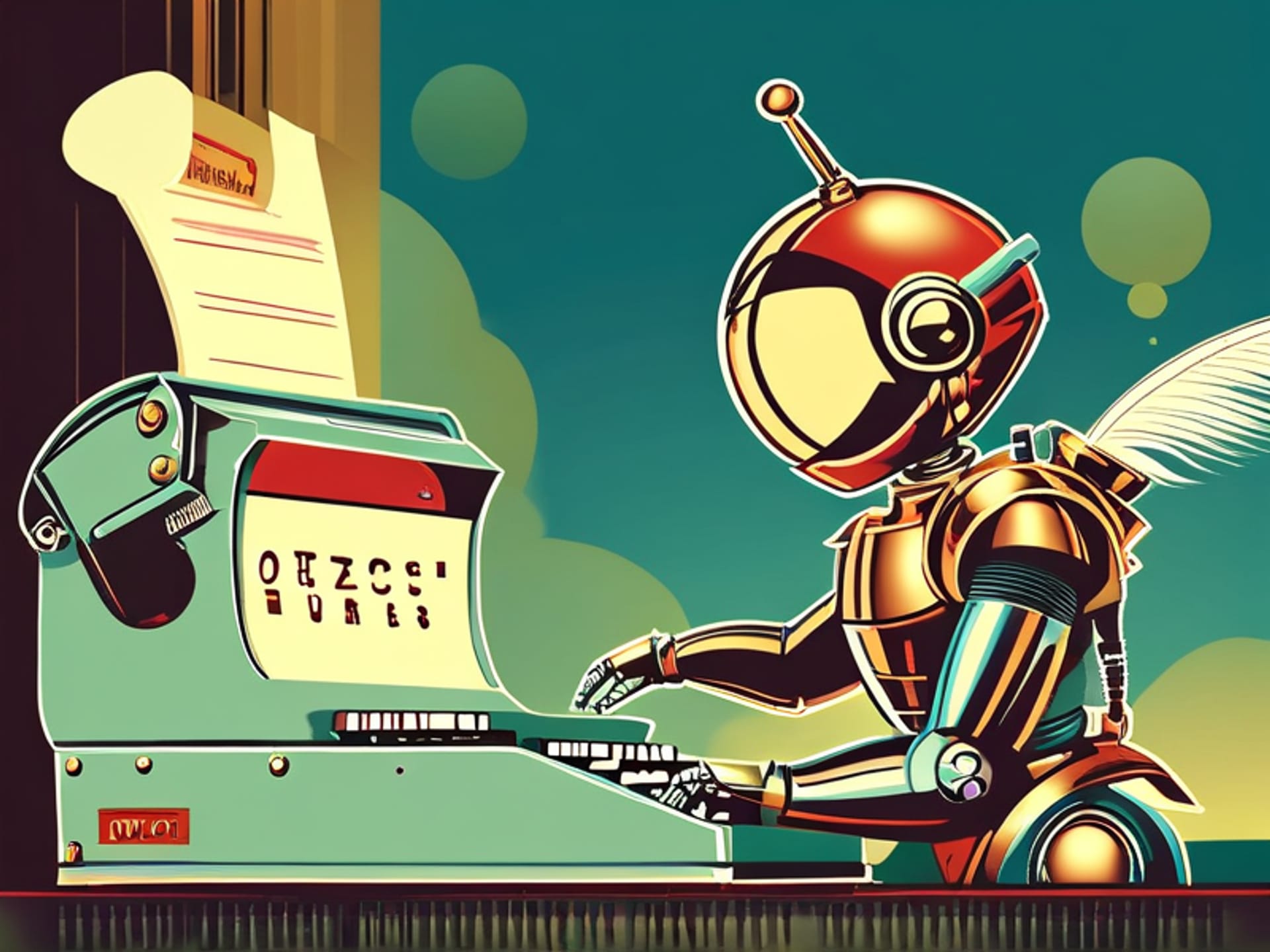 A fun, editorial illustration of a typewriter keyboard. Keys are polished brass. An elegant, slightly cheeky chrome-plated robot arm with a feather quiver holds a quill, poised over a key. A thought bubble from the keyboard shows a grammar correction. Style: Graphic, bold colors with a retro-futuristic vibe.
