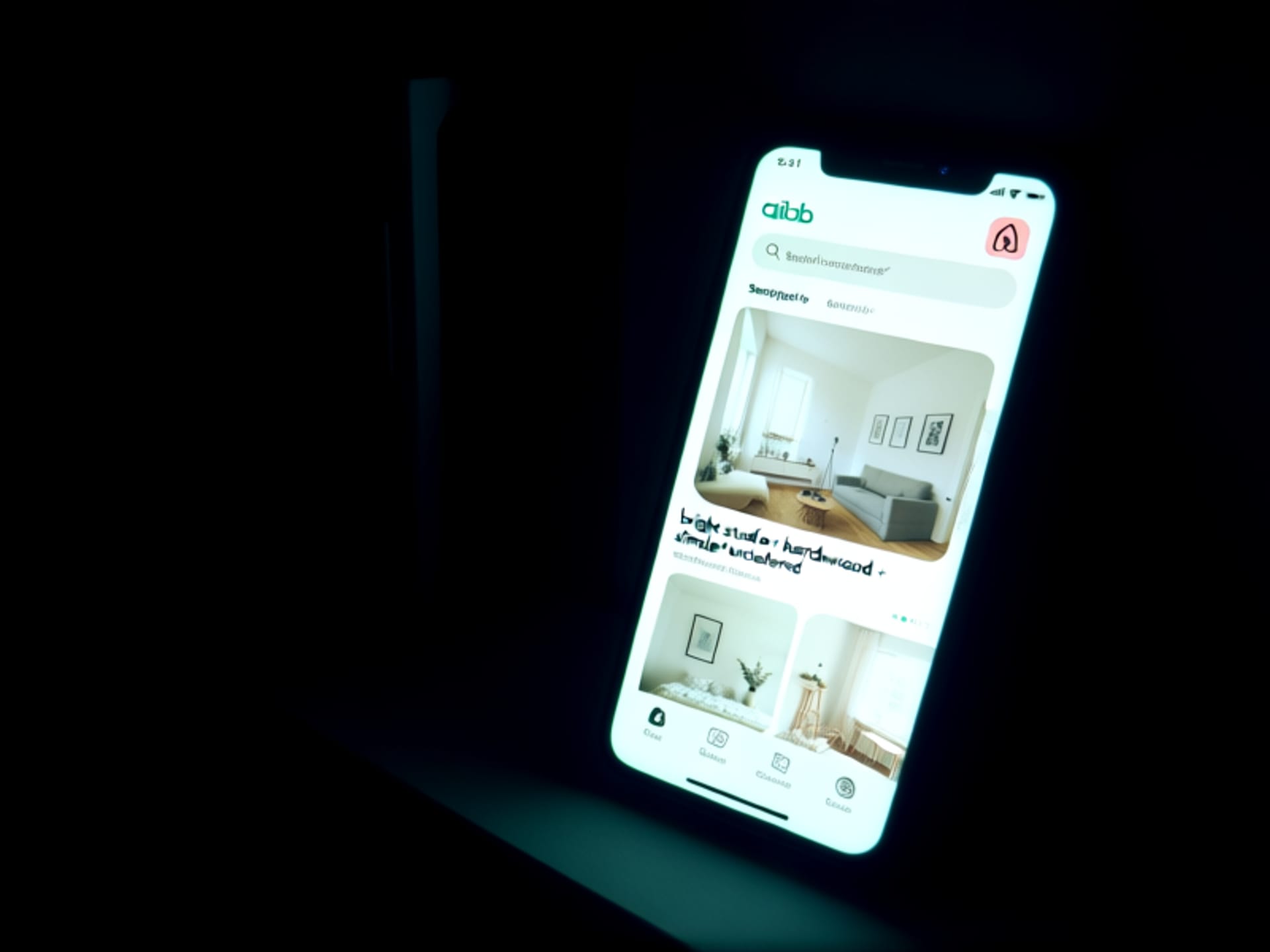 A smartphone screen glowing in a dark room, showing the Airbnb app. The search bar reads: 'bright studio + hardwood + simple + uncluttered'. The results show clean, Scandinavian-style interiors. Minimalist UI, digital glow on user's face --ar 4:3