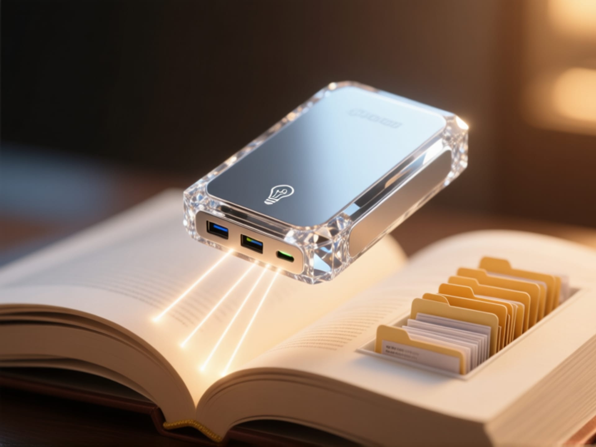 Photorealistic, macro shot of a sleek, futuristic external hard drive made of polished crystal and light, hovering over an open book. Thin beams of light connect ideas in the book to organized files on the drive. Warm, inviting light. --ar 16:9 --style raw.