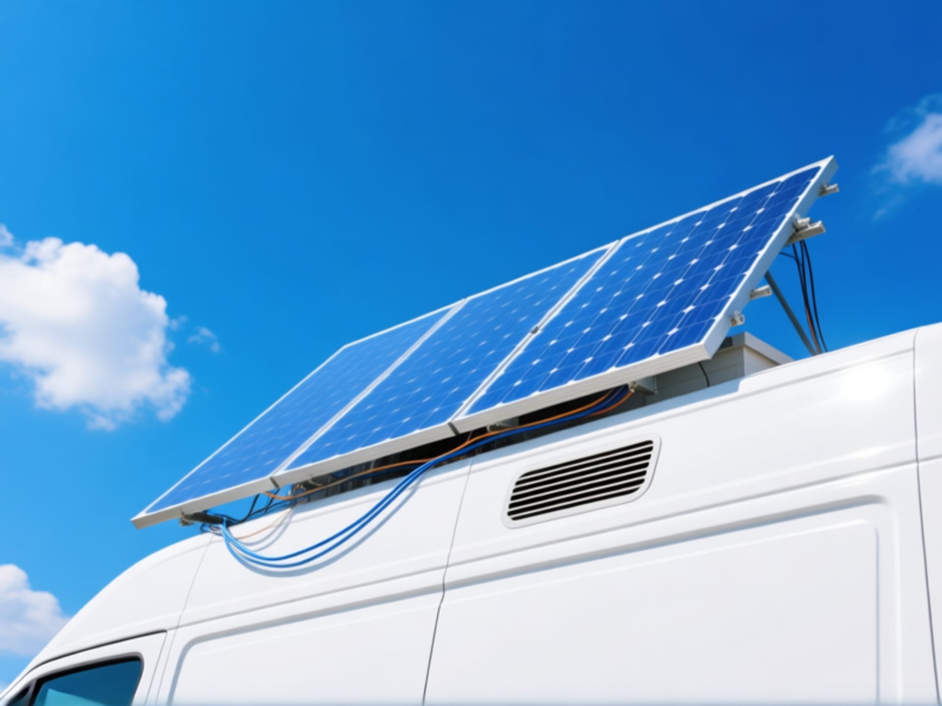 AI Image Prompt: Clean, modern perspective shot looking up at solar panels installed on the roof of a white van. The panels are gleaming in bright sunlight, blue cells contrasted against a deep blue sky with a few fluffy clouds. Wires lead neatly into a roof vent. Sense of self-sufficiency and smart tech. Photorealistic, sharp focus, vibrant colors –ar 4:3