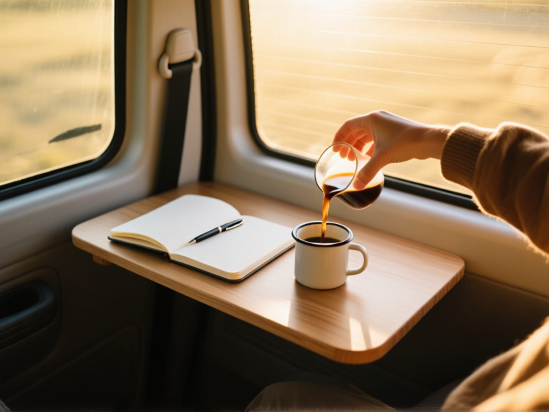 Overhead view from inside a van, golden morning light, a simple but grounding morning ritual. A hand pours coffee into a mug. An open notebook and pen sit beside it on a compact wooden surface. Neat, minimalist, cozy. 35mm photography style.