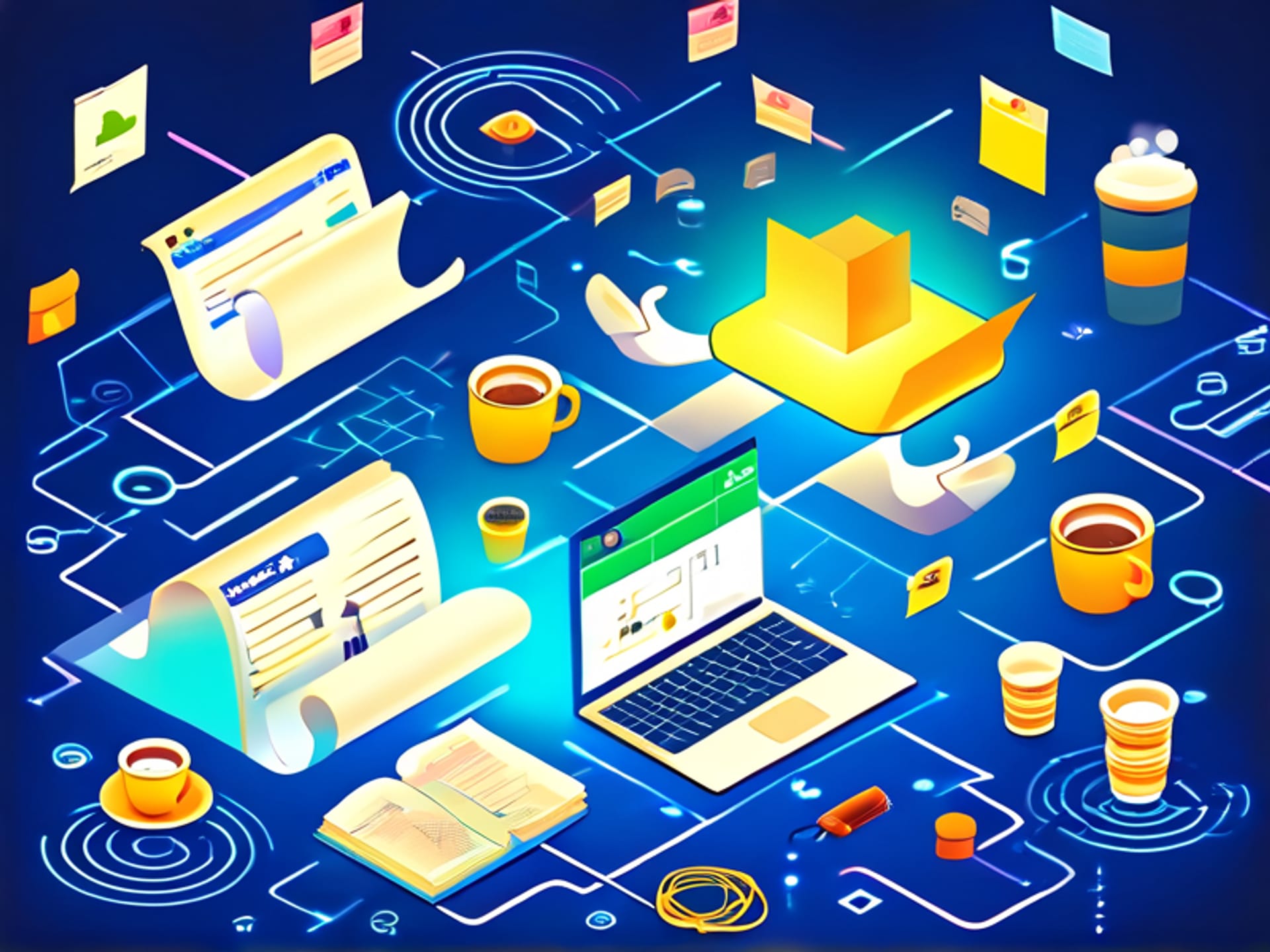 A top-down isometric illustration of a digital workspace cluttered with symbolic objects: floating sticky notes, paper coffee cups, tangled cables, open browser tabs, and a bouncing notification icon. In the center, a pair of hands is calmly collecting them into a neat, glowing circle. Digital art, clean lines, vibrant clutter fading to order.