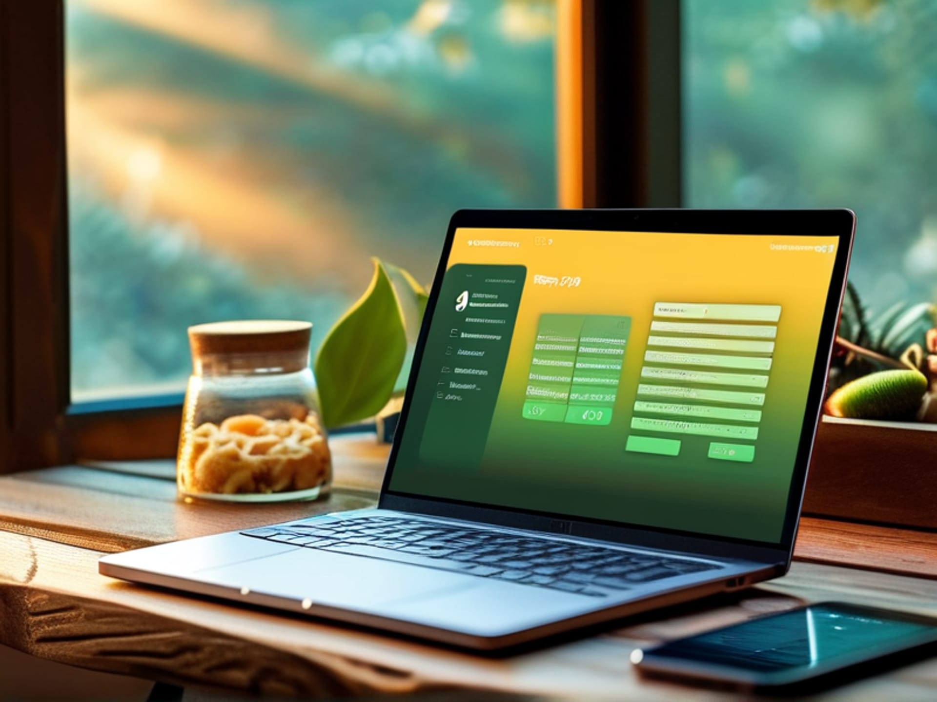 A laptop screen showing clean, simple tax software UI, a half-eaten avocado toast and phone on a modest wooden desk. Morning light. Cinematic, hopeful mood. --ar 16:9