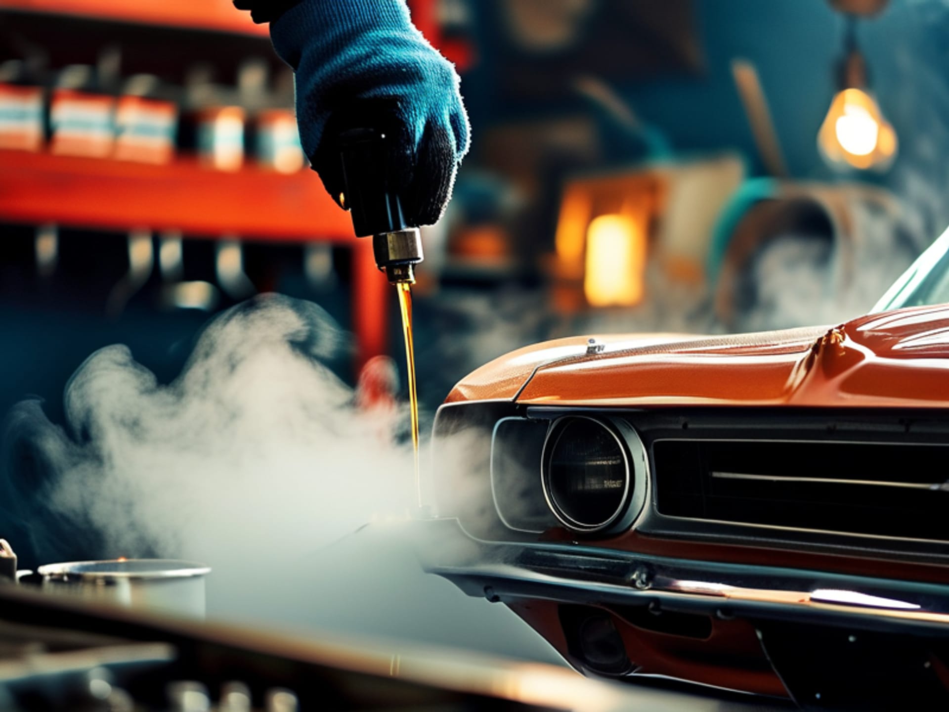 A mechanic in thick gloves pours dark, fresh 10W-30 oil into the engine of a classic car in a workshop, steamy breath visible in the cold air --ar 16:9 --style raw