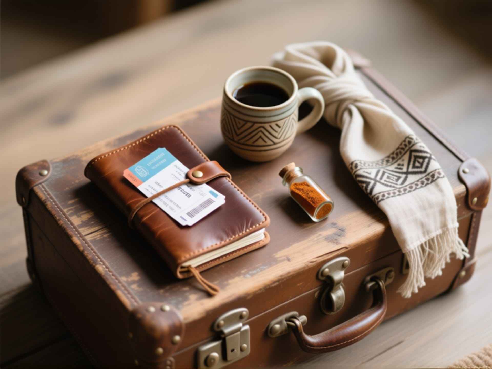 Midjourney/SD Prompt: A flat-lay, minimalist composition of authentic, useful souvenirs on a worn wooden travel trunk. One beautiful, well-worn leather journal with tickets tucked inside, a single artisan-made ceramic coffee cup, a thin linen scarf with a unique pattern, a small bottle of local spice. The mood is intentional, warm, and practical. Shallow depth of field, soft natural light, film grain texture.