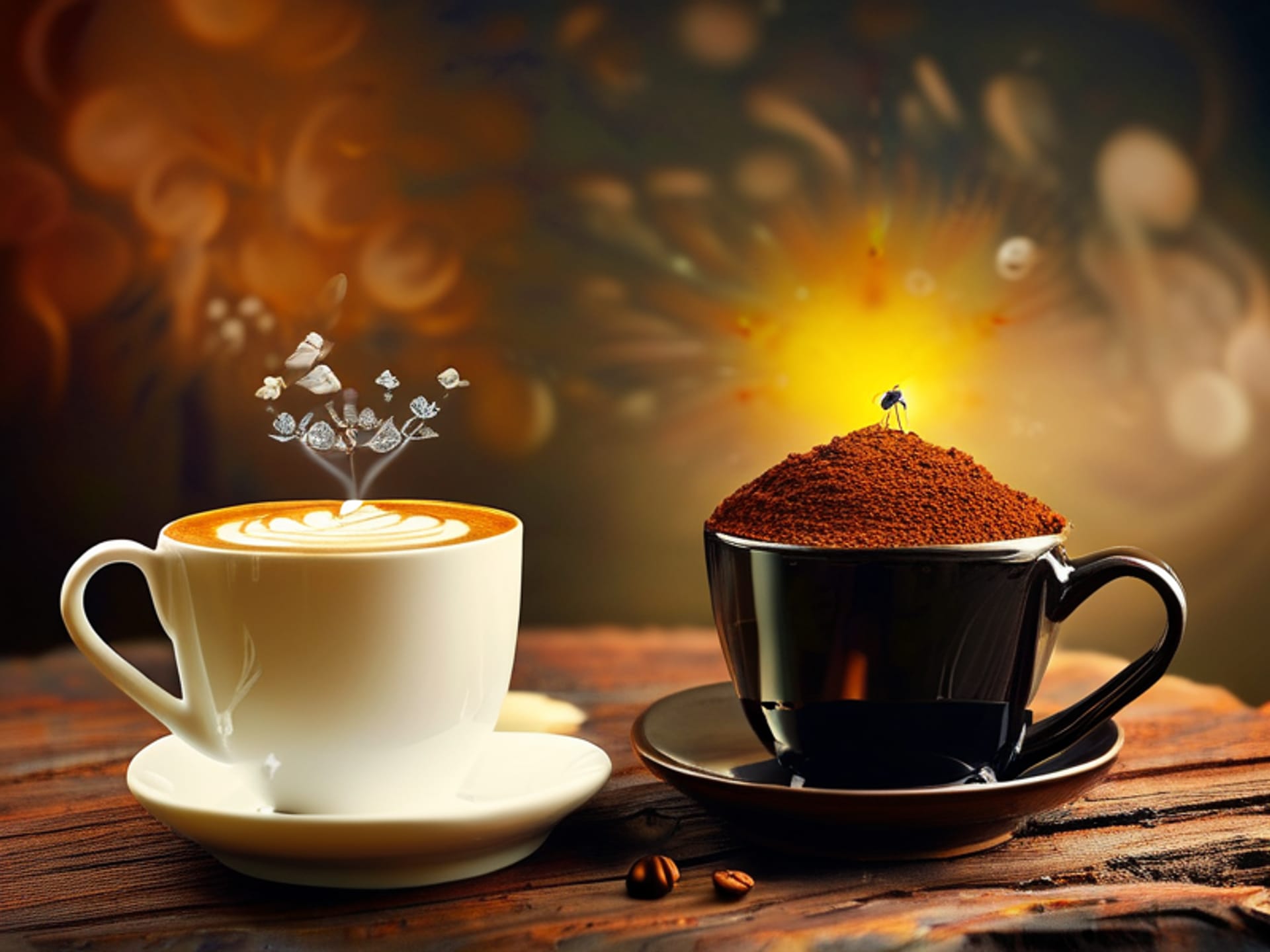 Visual metaphor for coffee freshness timeline. On a rustic wooden table, two identical cups of black coffee sit steaming. A vibrant, colorful aura surrounds the left cup, labeled '1-14 Days'. The right cup is monochrome, dull, labeled '30+ Days', with a small dead fly on the rim. Side-by-side comparison --ar 16:9