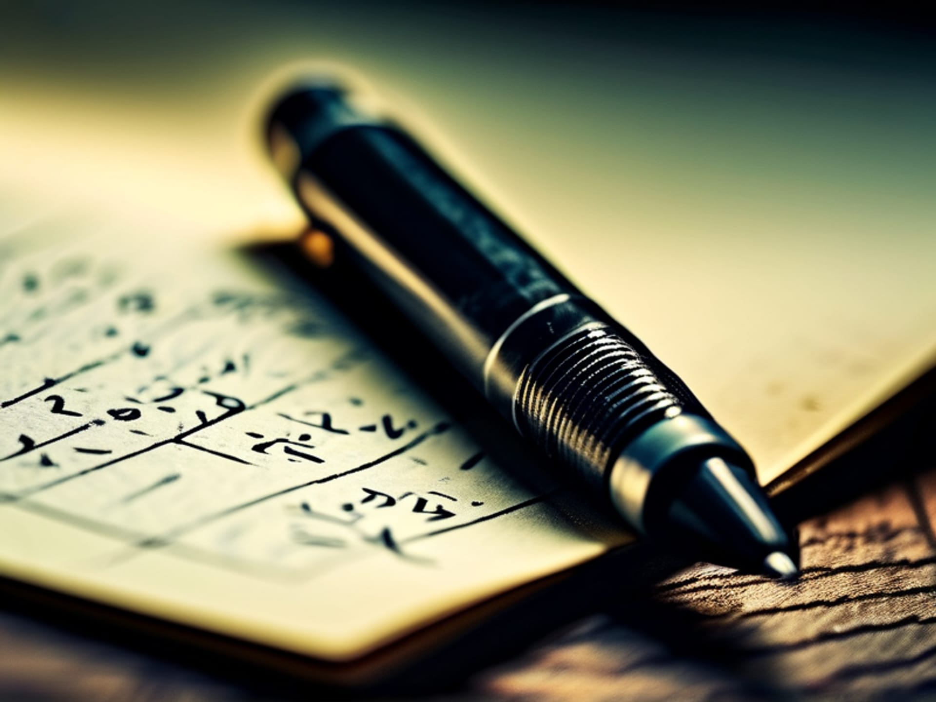 Close-up, notebook with simple handwritten math equation: $5000 x 0.30 = $1500. A favorite pen resting on the page, soft natural light, shallow depth of field --style raw --ar 4:3