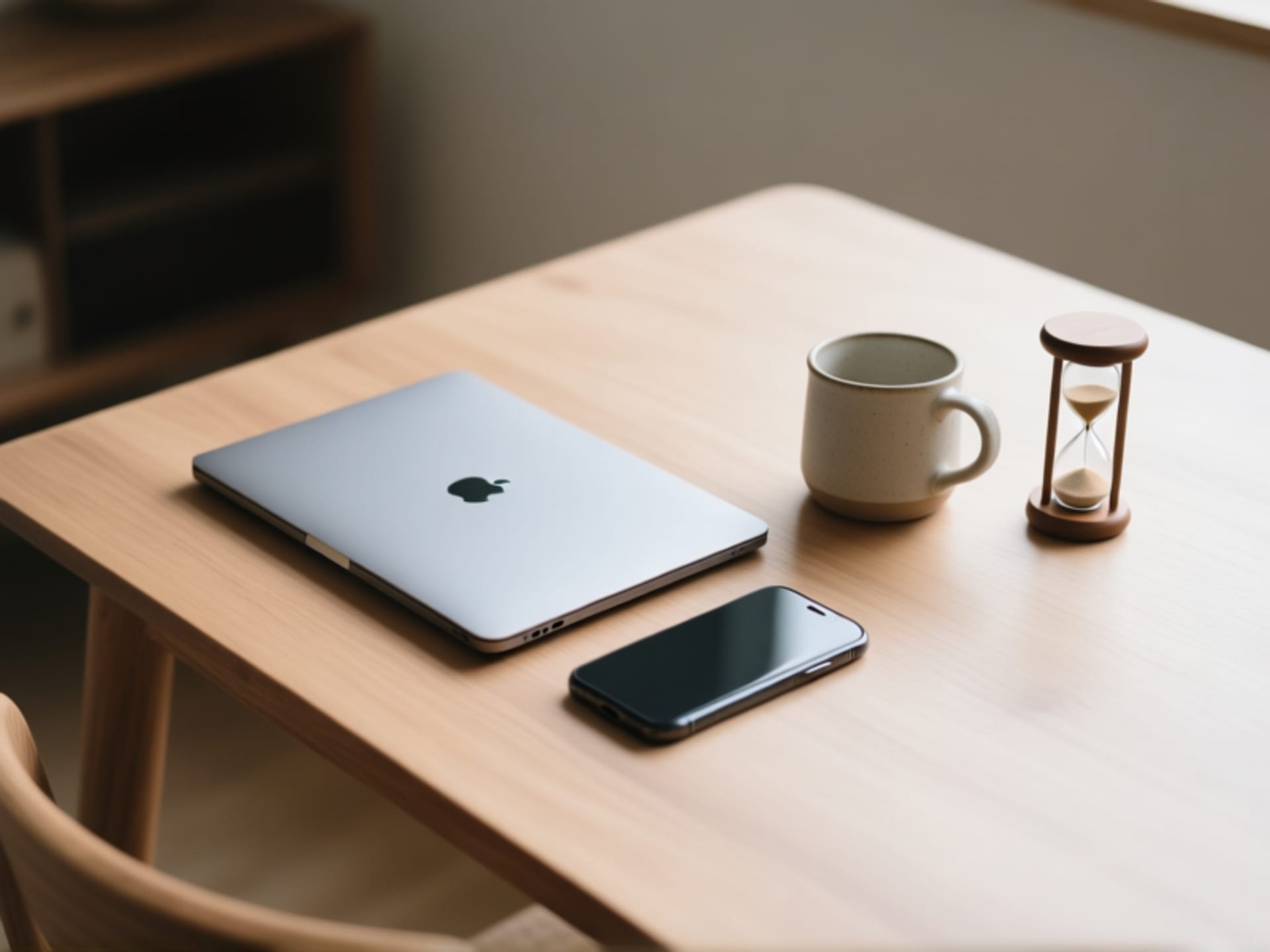 Midjourney/SD prompt: Simple, clean overhead shot of a minimalist digital nomad setup: laptop closed, phone face-down on a wooden table next to a simple ceramic mug and a small sand timer / vibe: intentional calm, preparation / style: clean product photography, soft natural light