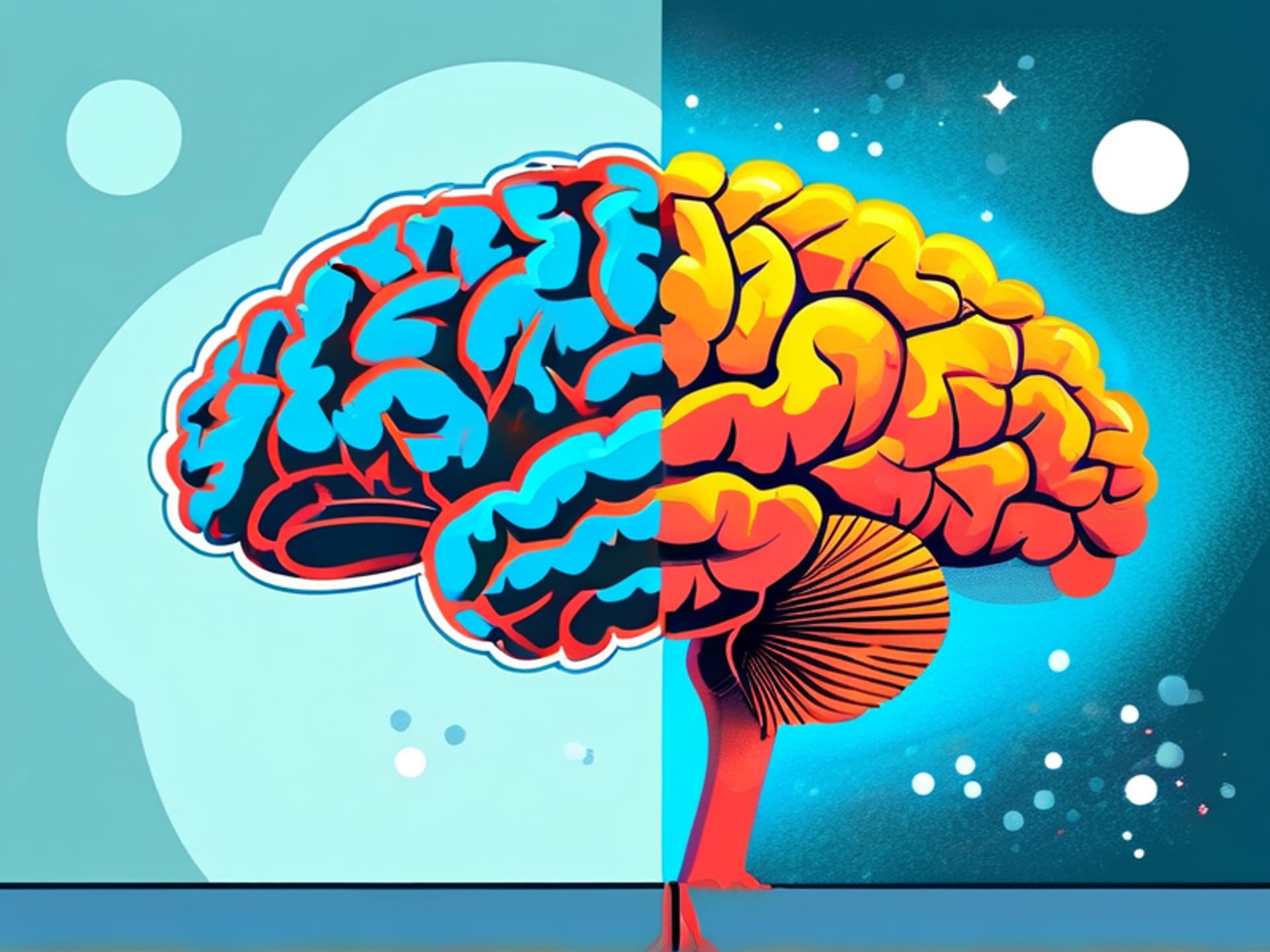 modern minimalist illustration of a human brain, one half filled with messy, colorful paint strokes and ideas, the other half a clean, organized flowchart. The two halves connect with a glowing spark --no text --ar 16:9