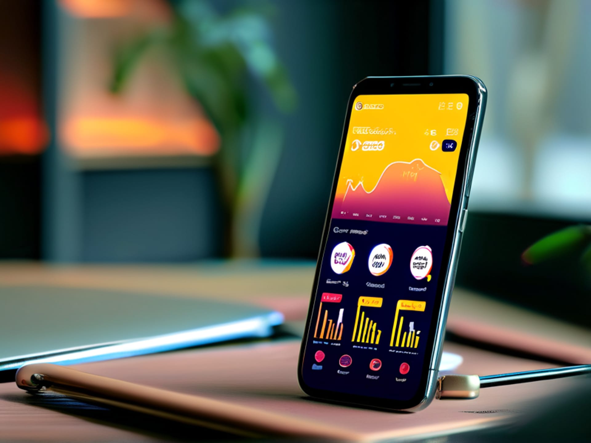 Midjourney Prompt: A clean, minimalist smartphone screen, glowing in a dark room. The UI of a budgeting app is clearly visible, with colorful, automatic charts categorizing 'Ride Share', 'Food Delivery', and 'Coffee' expenses. A hand swipes effortlessly across the screen. --ar 4:5