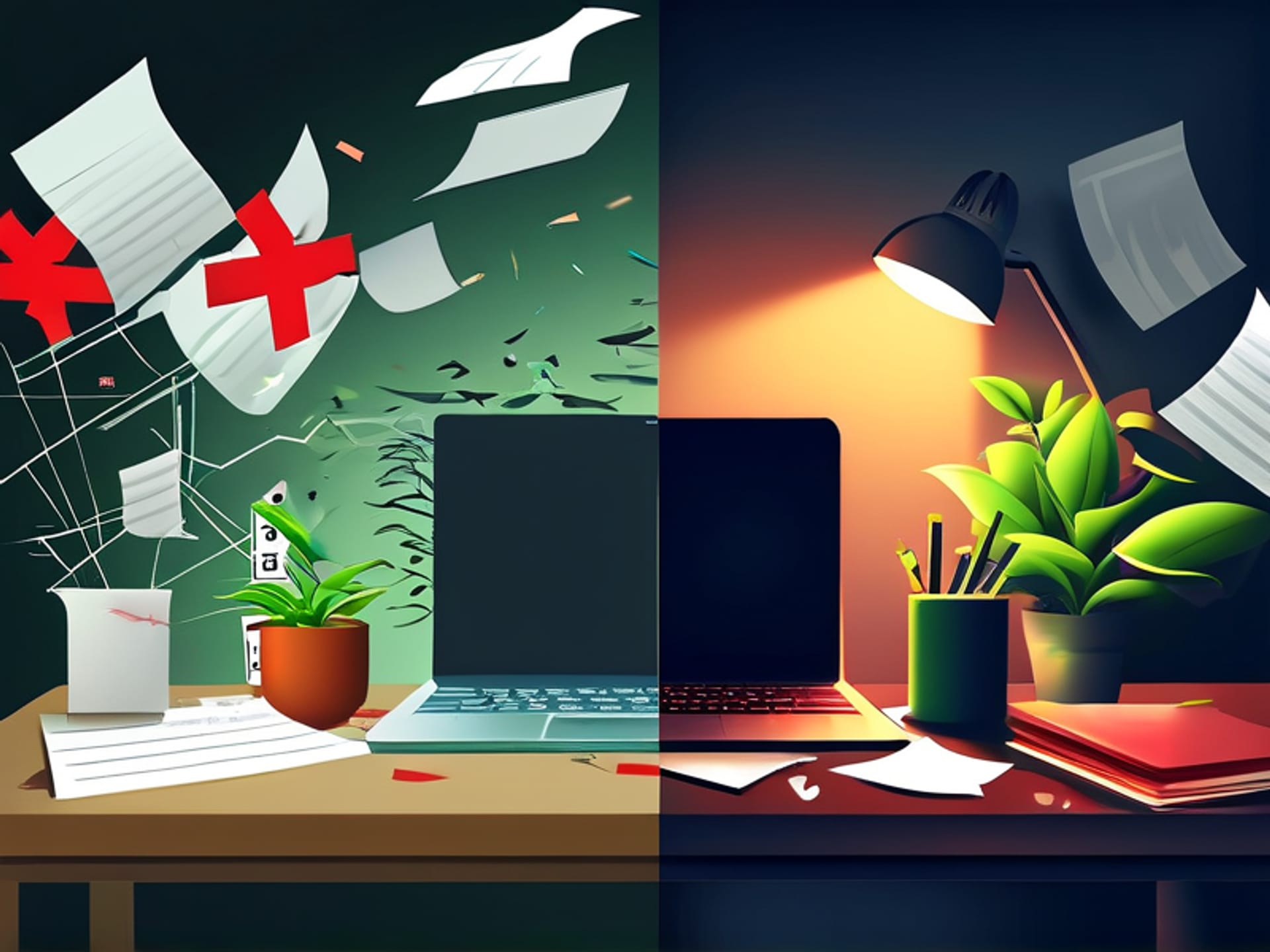 A split-screen image showing chaos vs. order. Left side: a cluttered, chaotic desk with a stressed person, papers flying, a calendar with red X's, a wilting plant. Right side: a clean, minimalist desk with the same person looking focused, a smooth graph on a tablet, a healthy succulent. Cinematic, hyper-realistic, mood contrast.