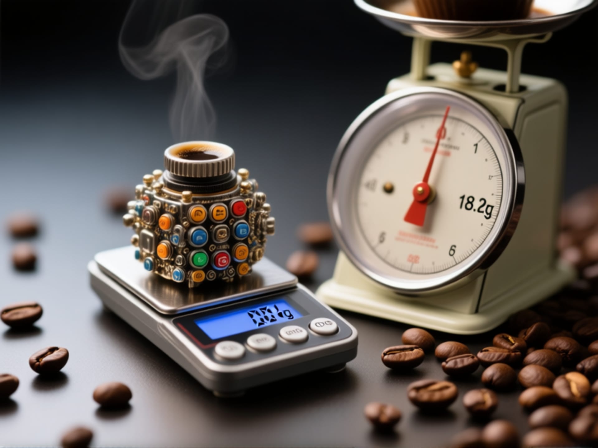 Midjourney prompt: Close-up shot of a coffee setup. A tiny, overly complicated digital scale with a million buttons and a tiny 0.01g readout, next to a simple, single-button kitchen scale showing 18.2g. Beans scattered around. Studio lighting, shallow depth of field, hyper-realistic details. --ar 16:9
