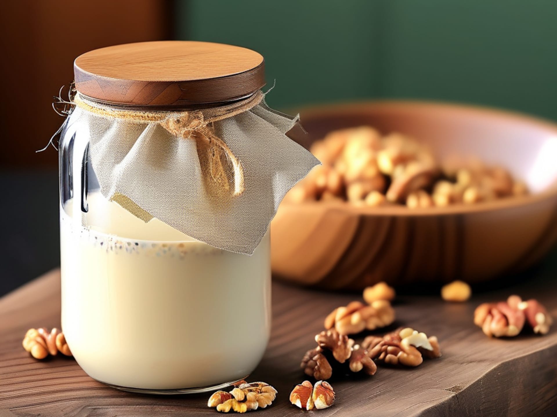 AI Image Prompt: Hyper-detailed still life of a clear glass mason jar. Inside, a large nut milk bag or muslin 