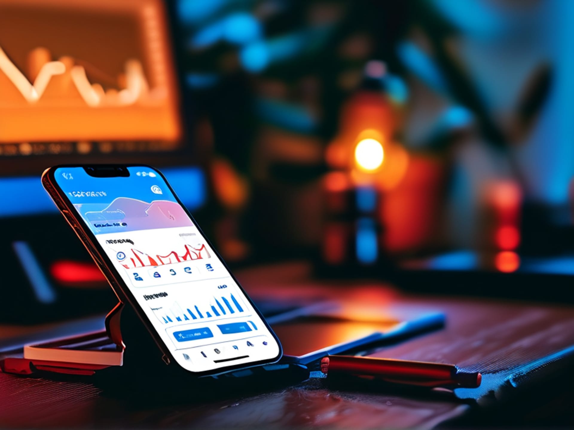 Stable Diffusion prompt: Close-up of a person's hands on a smartphone, screen showing a budgeting app with simple charts, focus on the numbers, anxious yet determined expression reflected in the screen, dim room, dramatic side lighting.