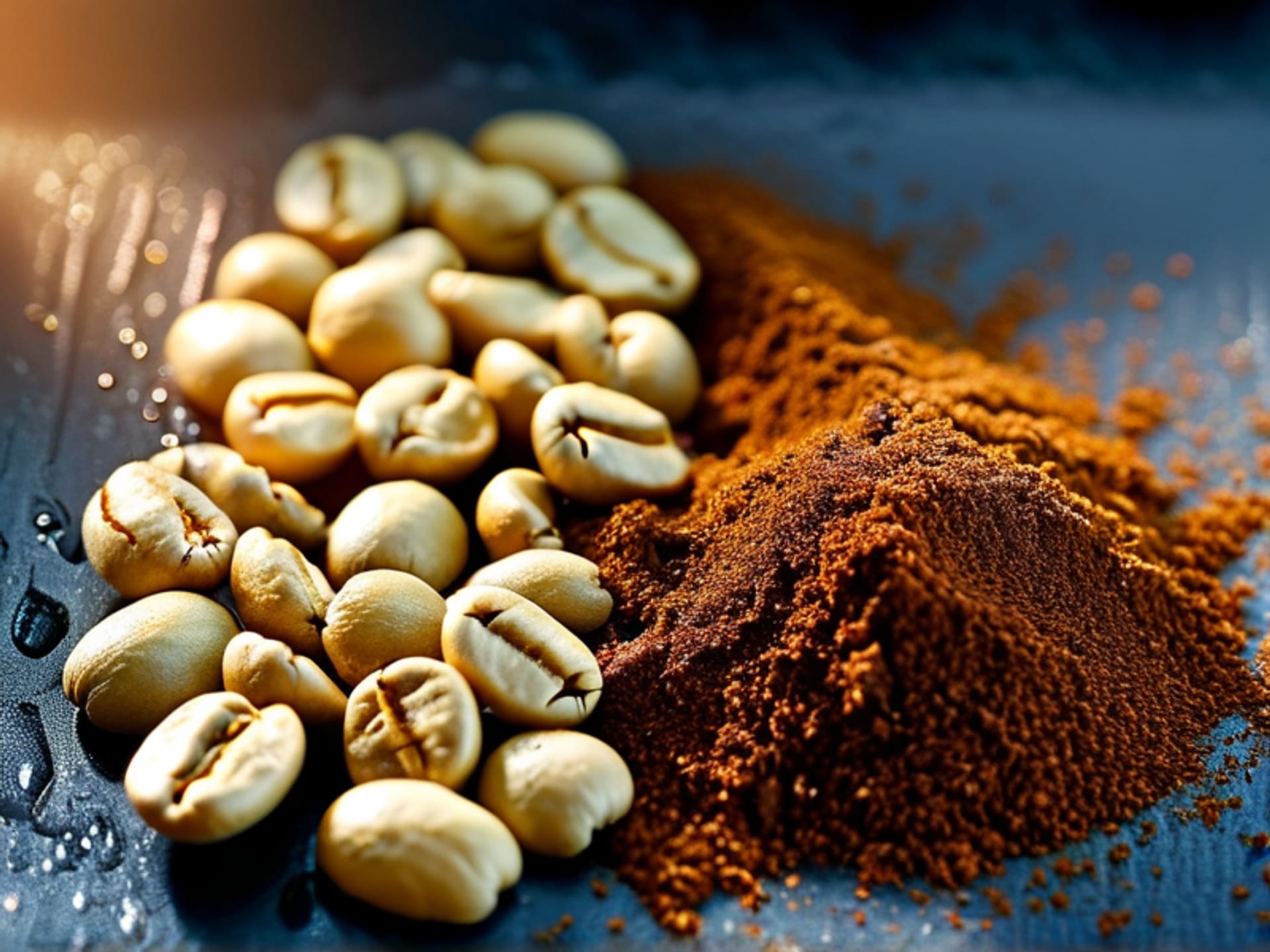 Side-by-side comparison: On one side, a handful of fresh, oily, aromatic whole coffee beans. On the other, a pile of dry, dusty, sad-looking pre-ground coffee. Kitchen countertop, dewy morning light. Shot from above, macro detail, food photography style.