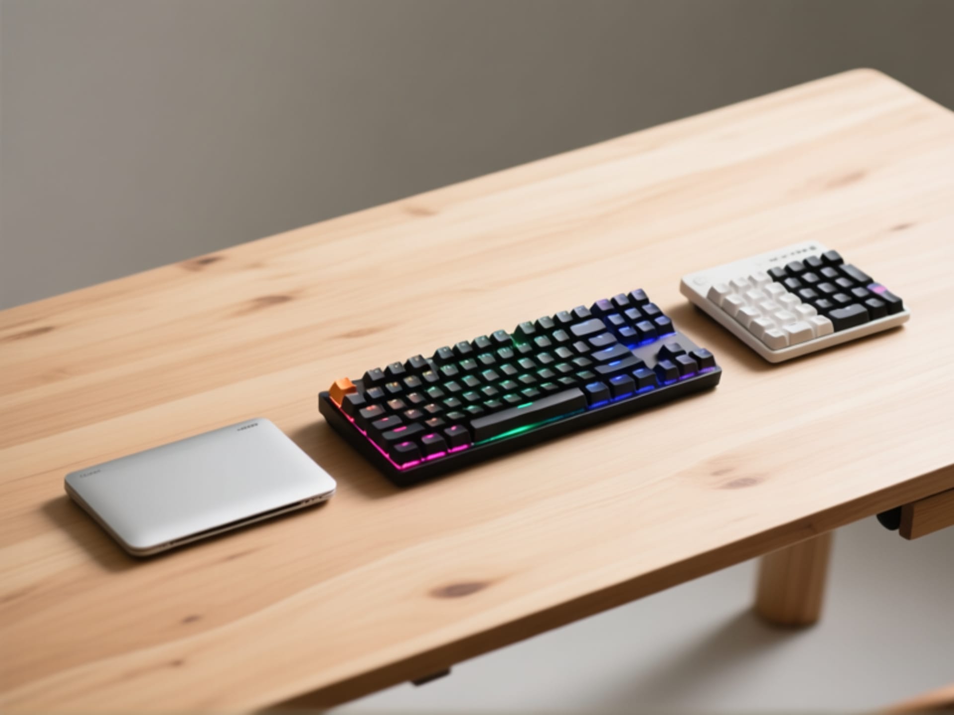 Midjourney Prompt: A clean, minimalist product photography style shot of three affordable mechanical keyboards lined up side-by-side. One is slim and compact, one is full-sized with LED backlighting, and one is tenkeyless. All on a light maple wood desk. Direct overhead angle, sharp focus, neutral background, studio lighting --ar 16:9