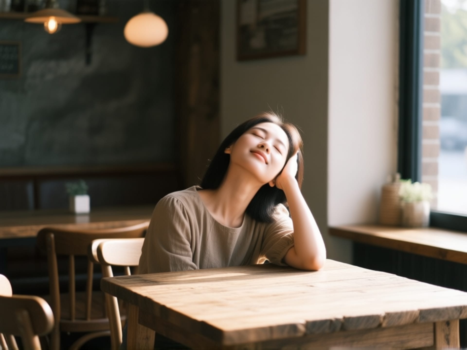 realistic photo, person sitting at rustic wooden cafe table, performing a subtle neck tilt stretch, hand gently on head, eyes closed in relief, detailed texture in morning light, candid shot --ar 5:4