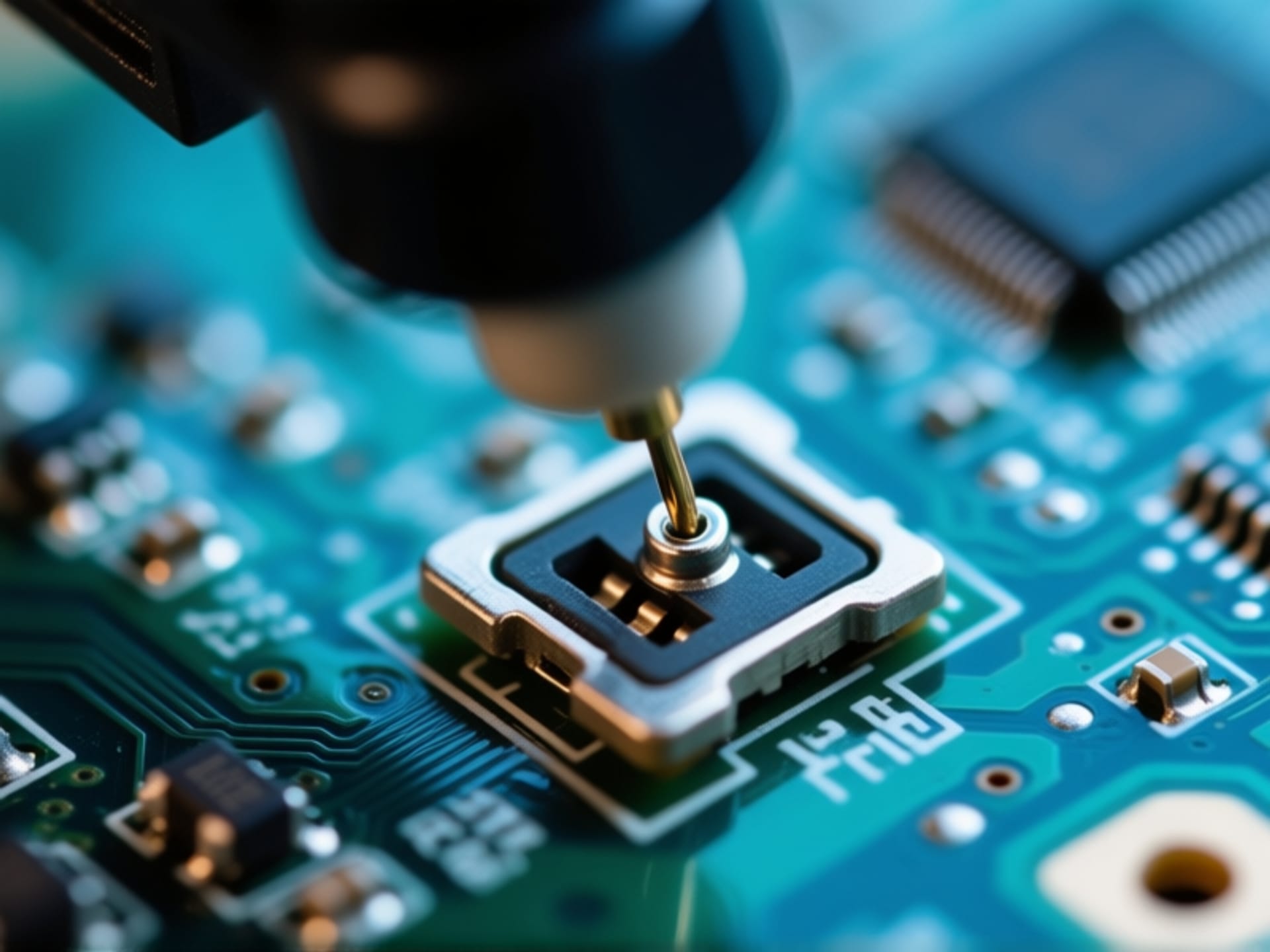 Photograph from above, extreme close-up of a hot-swap socket on a PCB, a switch pin being aligned and gently pressed into place, shallow depth of field, sharp focus on the metal contacts, tech aesthetic --ar 16:9