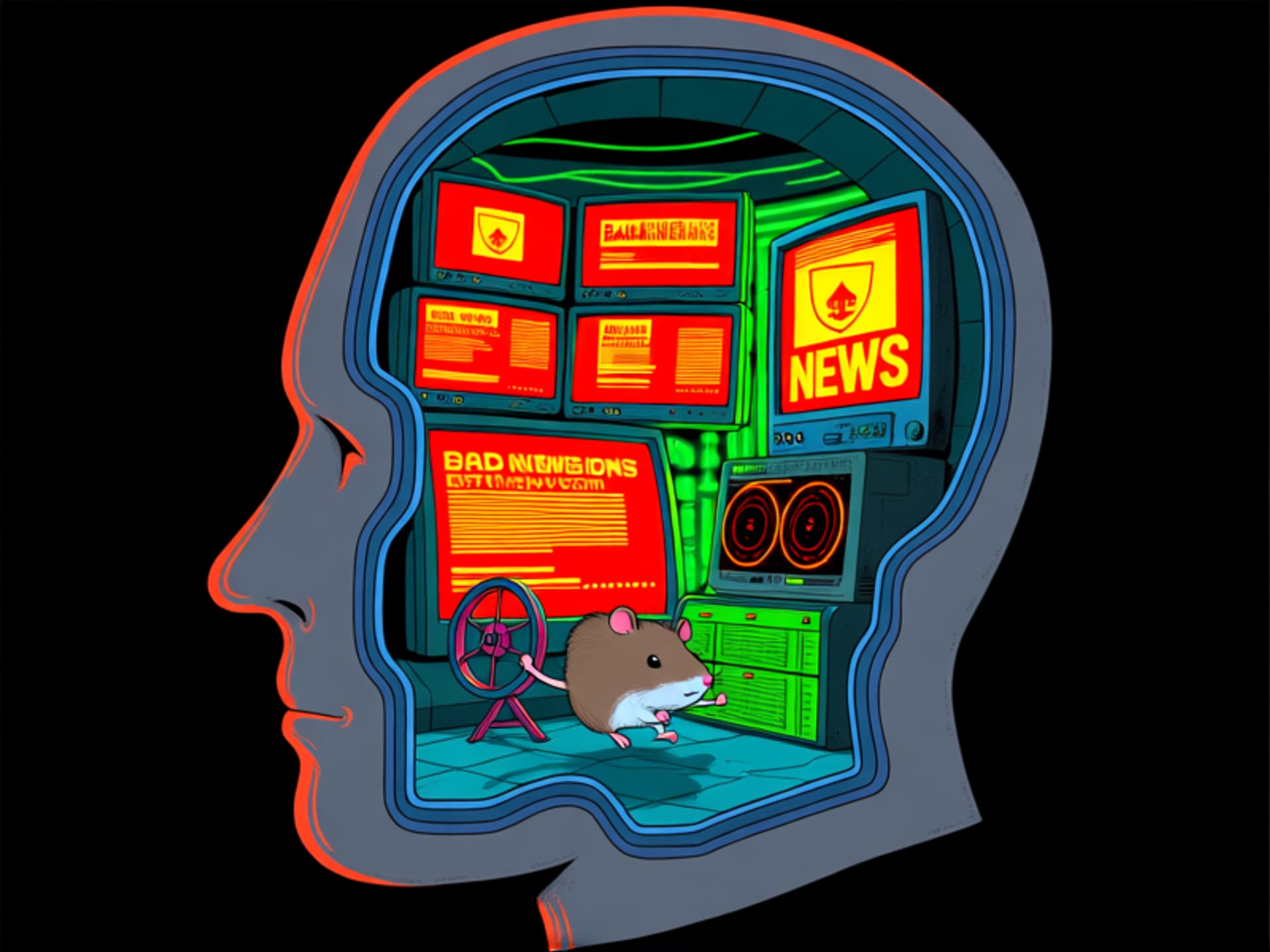 Stable Diffusion Prompt: Conceptual illustration of a human head with a control room inside, monitors flashing red and yellow with bad news headlines, a small hamster on a wheel frantically running, neon signs --ar 4:3 --style raw