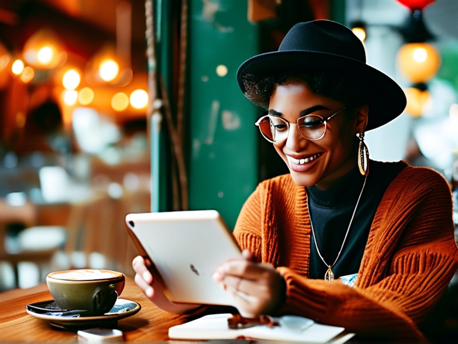 Midjourney Prompt: A young freelancer confidently presenting a digital quote on an iPad to a client across a cafe table. Laptops, coffee cups. Energetic, candid moment. Shot on 35mm film, warm tones. --ar 16:9