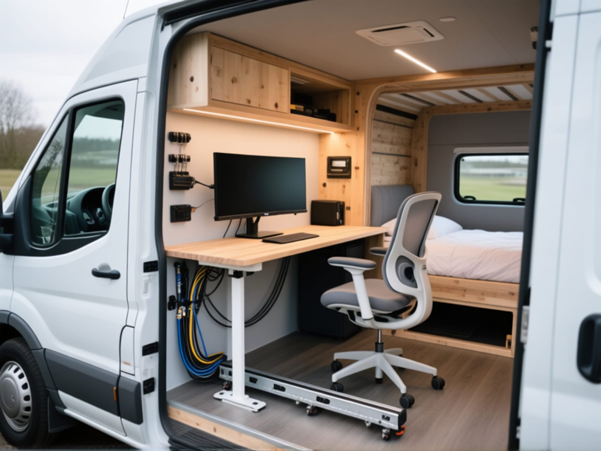 Photorealistic interior of a Ford Transit van. A permanent, dedicated office nook is built along the driver's side wall, featuring a long desk with an ultrawide monitor, an ergonomic office chair on a sliding track, and organized cable management. The bed platform is visible in the rear. A sense of professional focus in a custom DIY build --style raw --ar 16:9