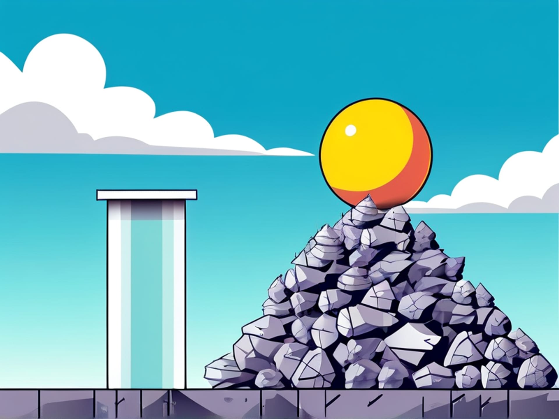 A clear, instructional diagram. On the left: a stable, solid pillar labeled 'Reliable Income' supporting a roof. On the right, a pile of jagged, unstable rocks labeled 'Freelance Cash Flow' trying to hold up a bouncing ball labeled 'Volatile Crypto'. The ball is about to fall. Flat vector illustration, clean lines.