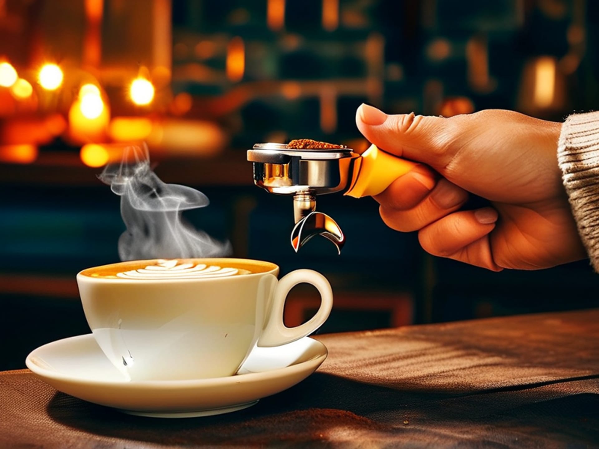 A person's hands using a Breville Barista Express, grinding coffee into the portafilter, steam rising from the milk jug, a single perfect espresso shot on the counter, cozy kitchen scene, lifestyle photography, shallow depth of field