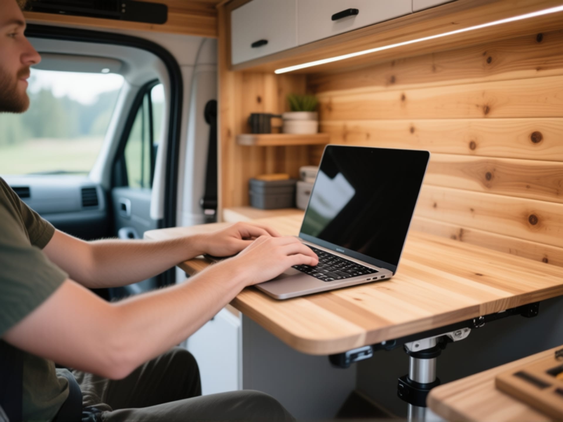 Midjourney prompt: Photorealistic image of a custom-built, height-adjustable van desk, showing the exact alignment of a laptop keyboard with a user's relaxed forearms. Focus on the hands typing, wrists straight. The scene is in a modern van conversion with cedar walls, tidy and functional --ar 16:9 --v 6.0