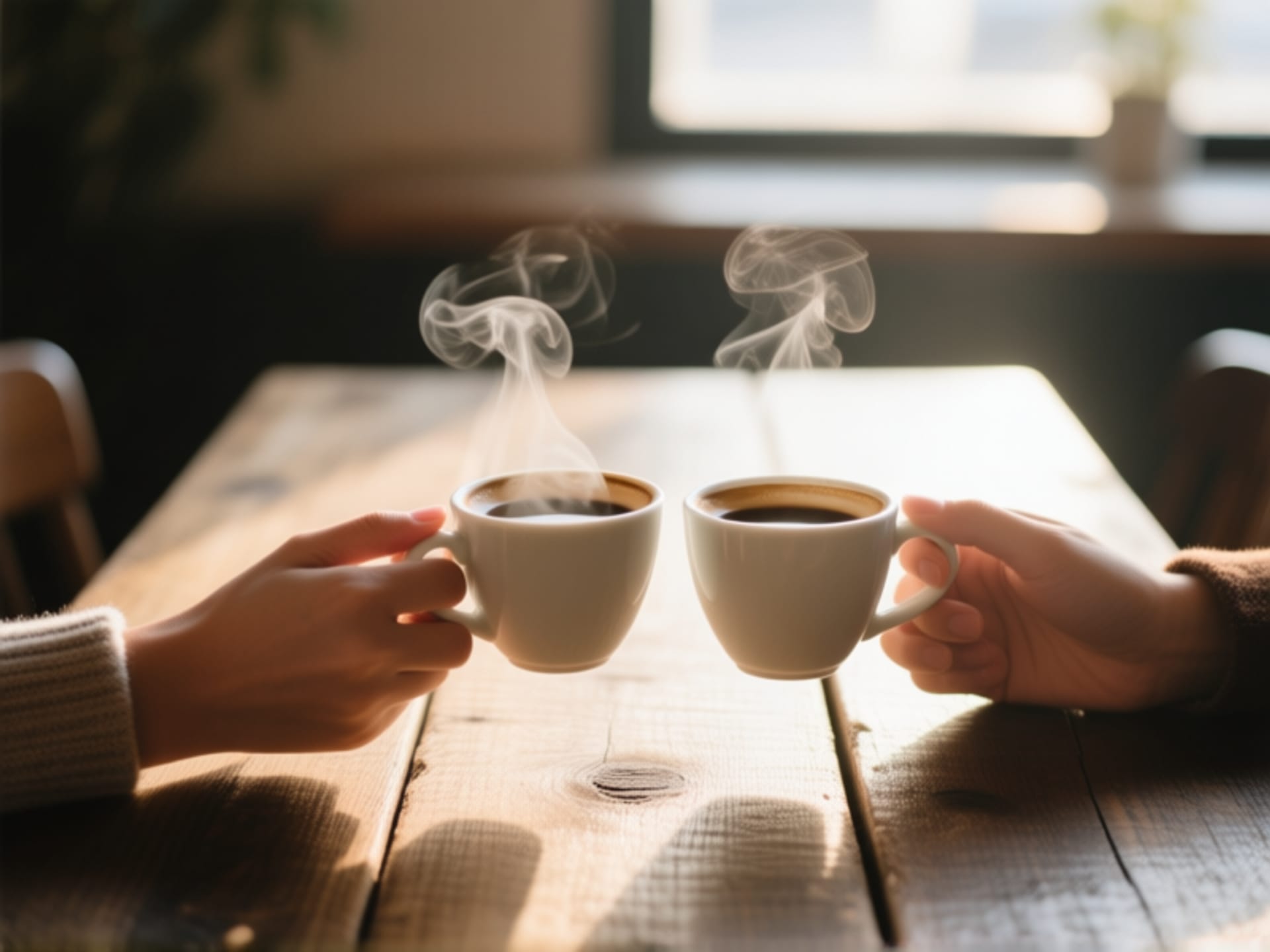 two pairs of hands holding cups of coffee across a rustic wooden table, soft morning light filtering in, focus on the hands and steam from the cups, intimate and warm atmosphere, shallow depth of field