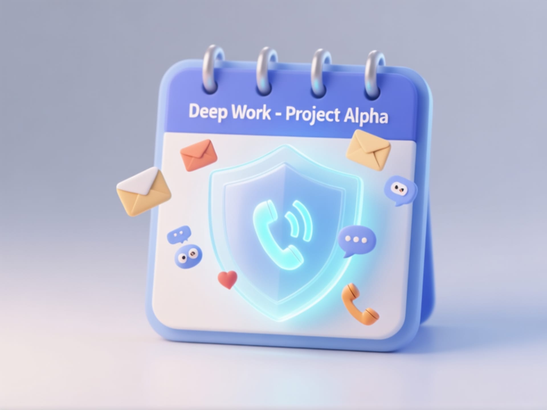 Minimalist 3D animation still of a simple calendar. A glowing, semi-transparent shield icon forms over a time block labeled 'Deep Work - Project Alpha,' deflecting tiny, cartoonish icons of email envelopes, chat bubbles, and ringing phones. Clean, light background. --ar 16:9 --v 6.0