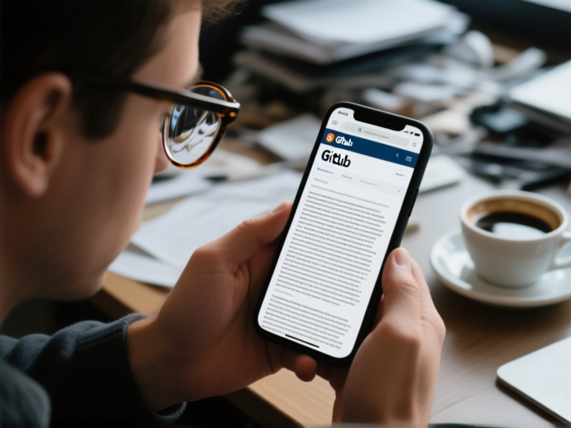 AI Image Prompt: A person's hands holding a smartphone, intently reading a complex, text-heavy website with a GitHub header. Focus is on the screen's reflection in glasses. Messy desk background with coffee. Mood: focused, meticulous. Style: photorealistic, cinematic lighting. --ar 16:9
