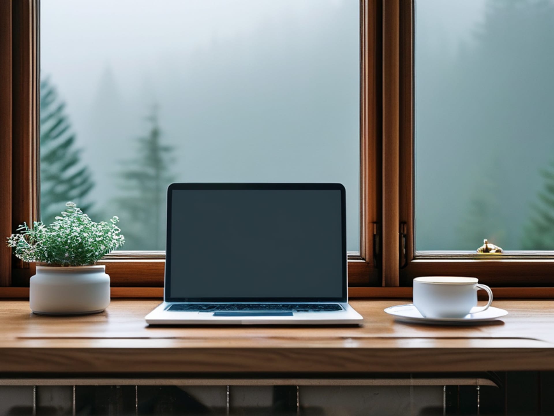 A pristine, empty writing desk by a window with a view of a misty forest. The laptop is closed. A single coffee mug sits cold on the side. Style: Soft natural light, quiet, calming, minimalist, high-detail textures of wood and ceramic.