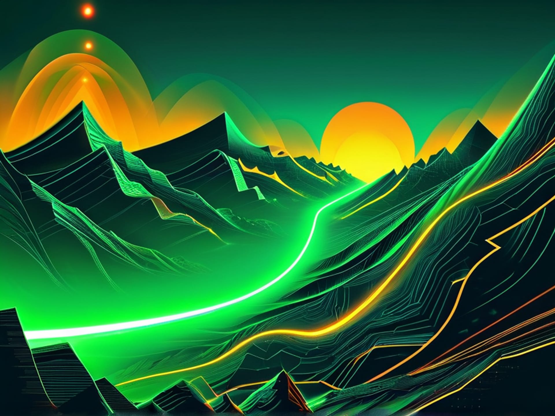 Digital artwork, abstract representation of an irregular income stream visualized as a chaotic, jagged mountain range at night, overlayed with a smooth, straight, glowing neon green line representing consistent savings that cuts across the peaks and valleys. Metallic, futuristic, dark background with data points –v 6.0 –ar 4:3