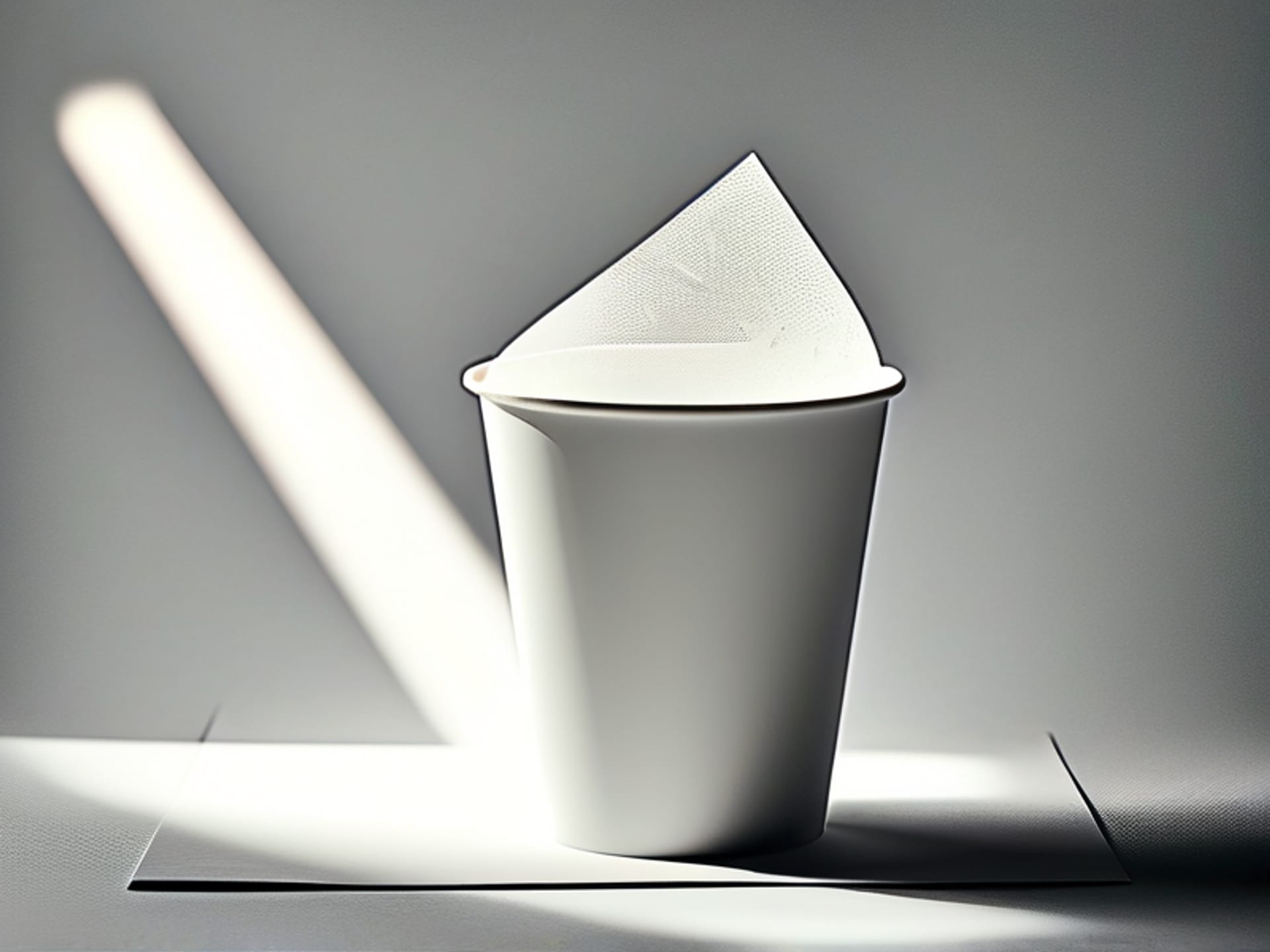AI Image Prompt for Midjourney: A perfectly white, fresh paper coffee filter, with a visible, delicate fibrous texture. A single beam of light shines through it, creating a subtle transparency. Clean, minimalist, against a plain dark gray background. --ar 16:9
