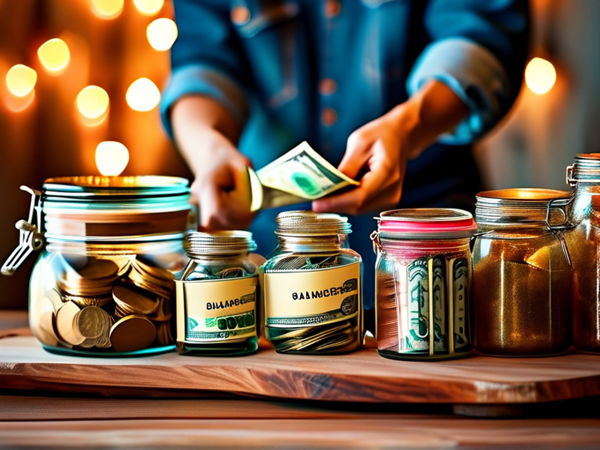 An overhead shot of hands organizing physical cash into different labeled jars on a wooden table. One jar is much larger and says 'BUFFER'. Warm, inviting light, shallow depth of field, hyper-realistic photo style.