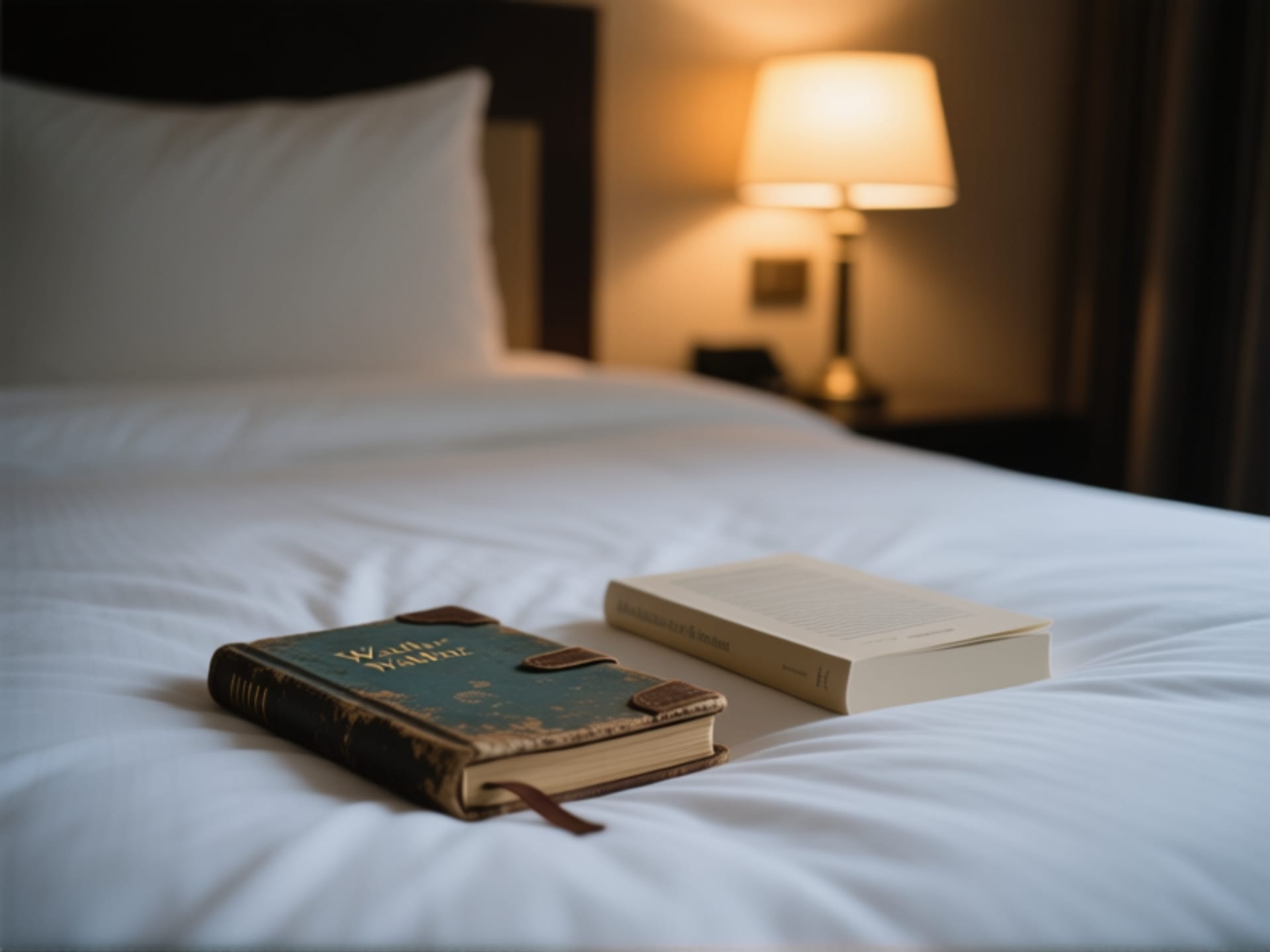 Close-up shot of a weathered travel journal and a paperback novel resting on a crisp white hotel duvet. Soft, warm bedside lamp glow. Moody ambiance, shallow depth of field, cinematic color grading.