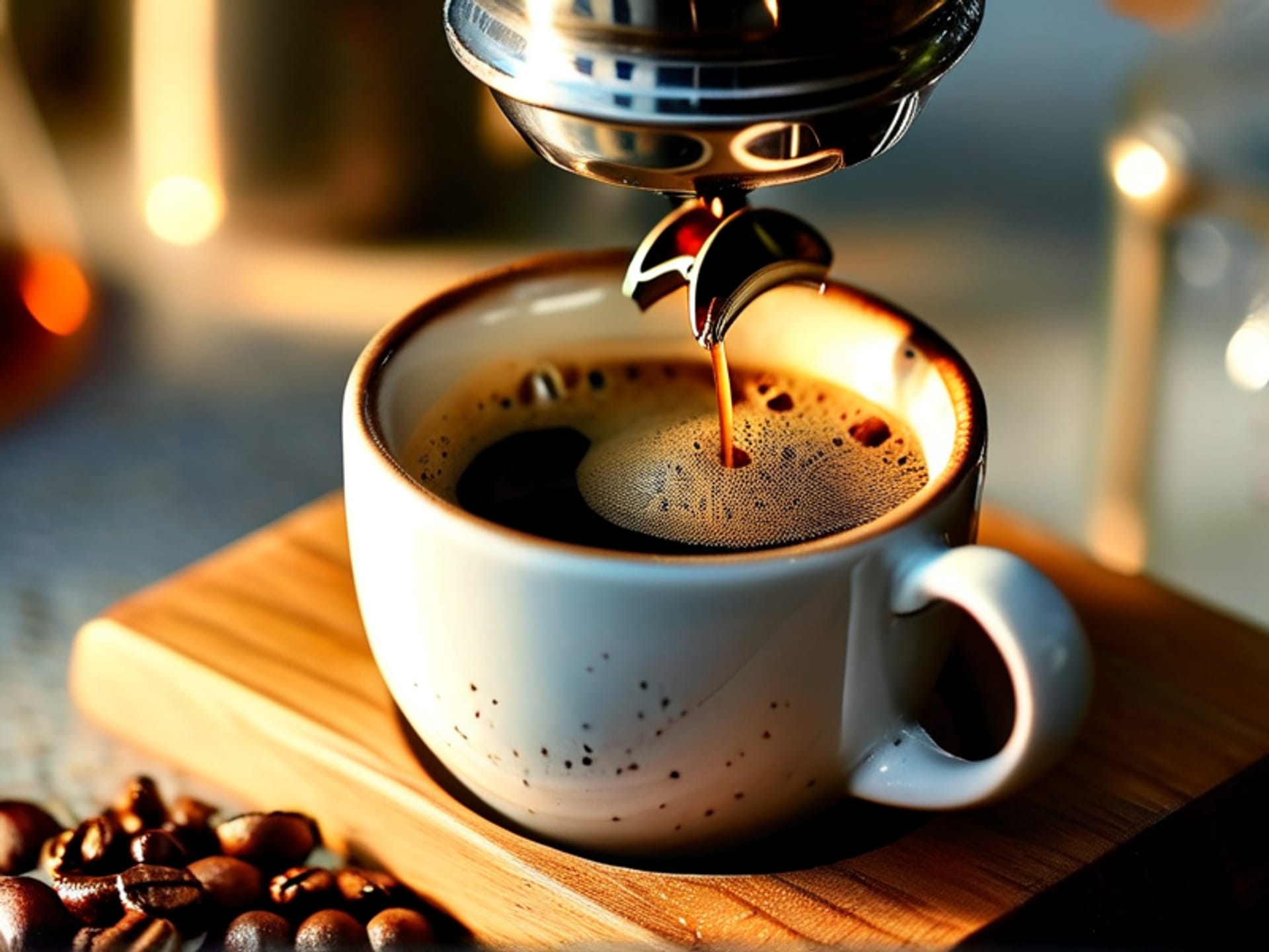 A hand holding an Aeropress over a mug, dark espresso-like coffee dripping down, detailed view of the plunger and grounds, laboratory clean aesthetic, shallow depth of field, soft morning light, --ar 16:9