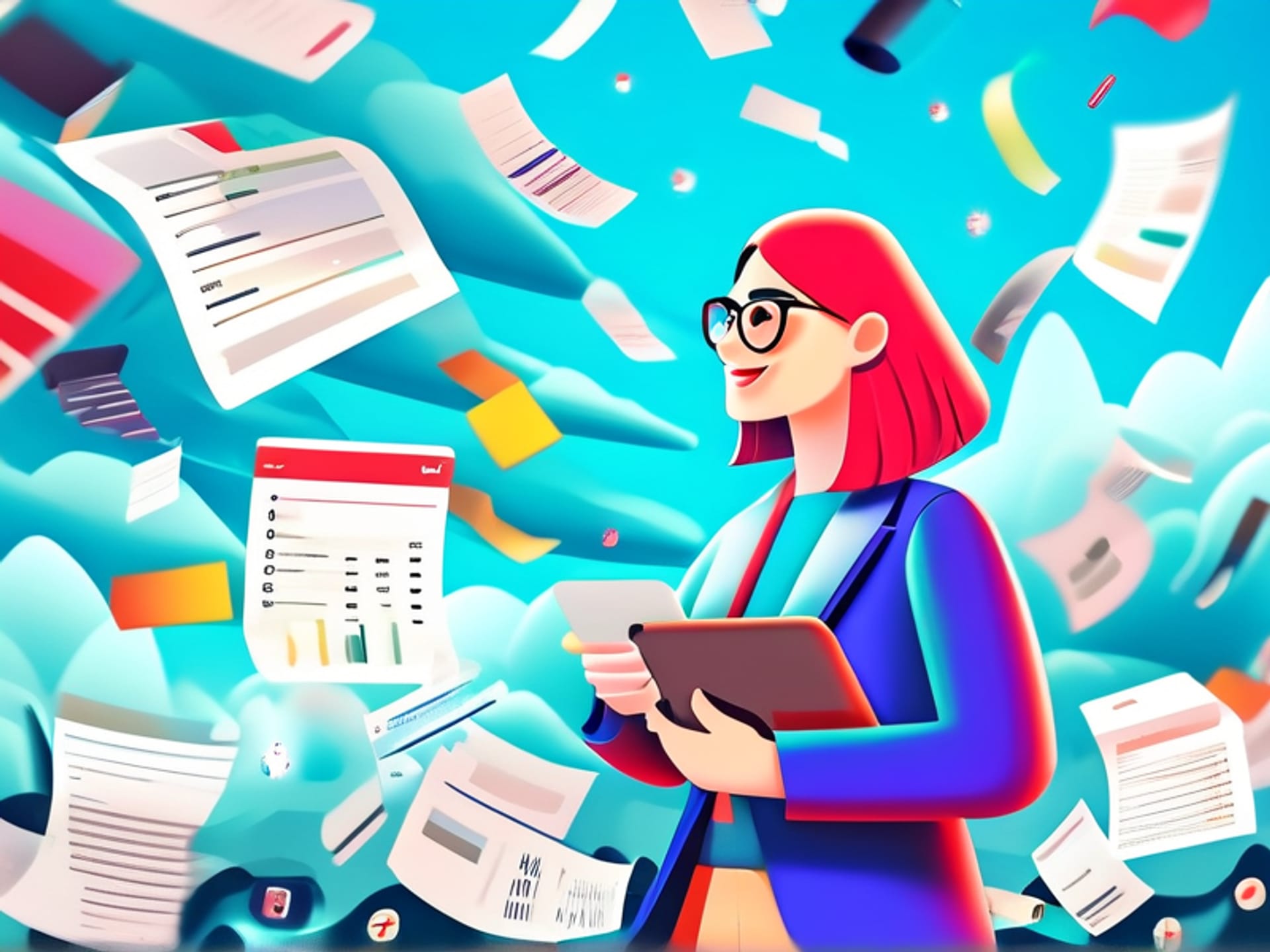 A sharp, organized Gen Z person looks relaxed and confident. They are holding a single tablet displaying a simple, clean spreadsheet, while in the background a chaotic storm of papers and receipts is frozen in mid-air, untouched. Stylized, 3D render with vibrant colors and clean shadows.