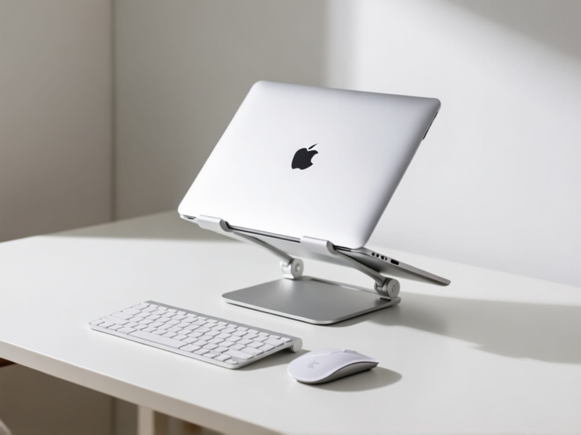 A simple, elegant portable laptop stand elevating a MacBook to eye level on a minimalist desk. A separate keyboard and mouse are in front. Clean, product-shot aesthetic, bright and sharp --ar 16:9